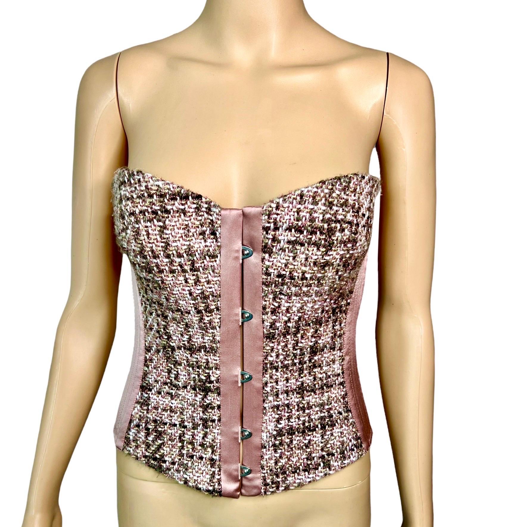 Gray Roberto Cavalli c.2005 Bustier Tweed Satin Lace Up Corset Top