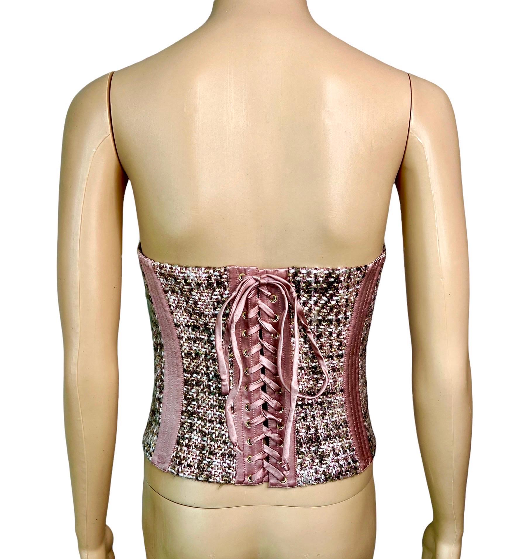 Roberto Cavalli c.2005 Bustier Tweed Satin Lace Up Corset Top In Good Condition In Naples, FL