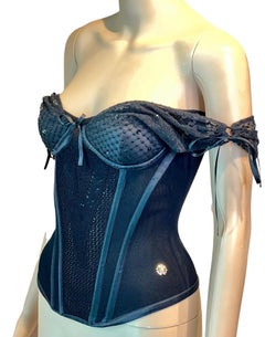 Roberto Cavalli c.2008 Bustier Sequin Embellished Sheer Knit Black Corset Top