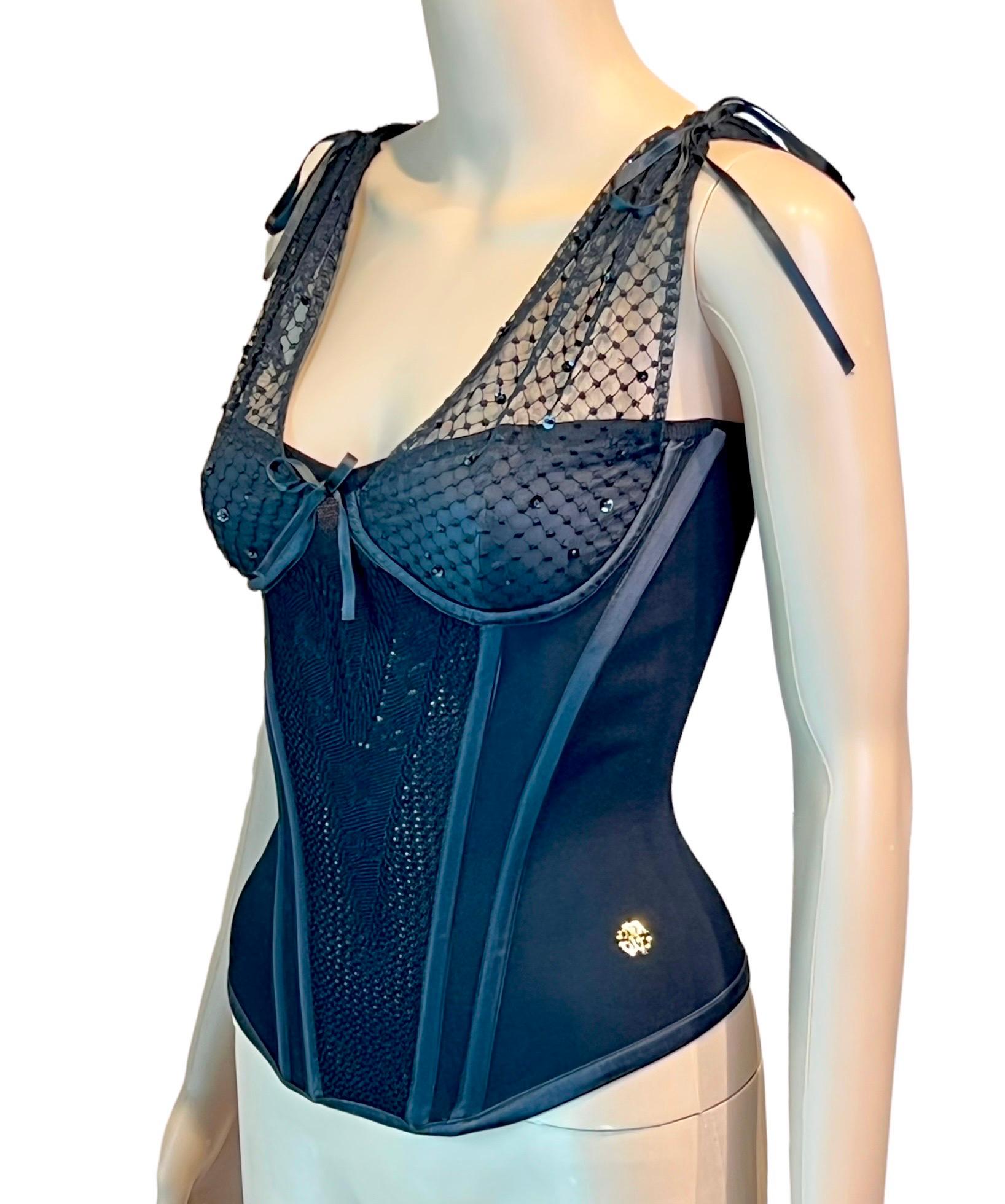 Roberto Cavalli c.2008 Bustier Sequin Embellished Sheer Knit Black Corset Top In Good Condition In Naples, FL