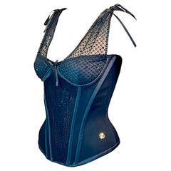 Roberto Cavalli c.2008 Bustier Sequin Embellished Sheer Knit Black Corset Top