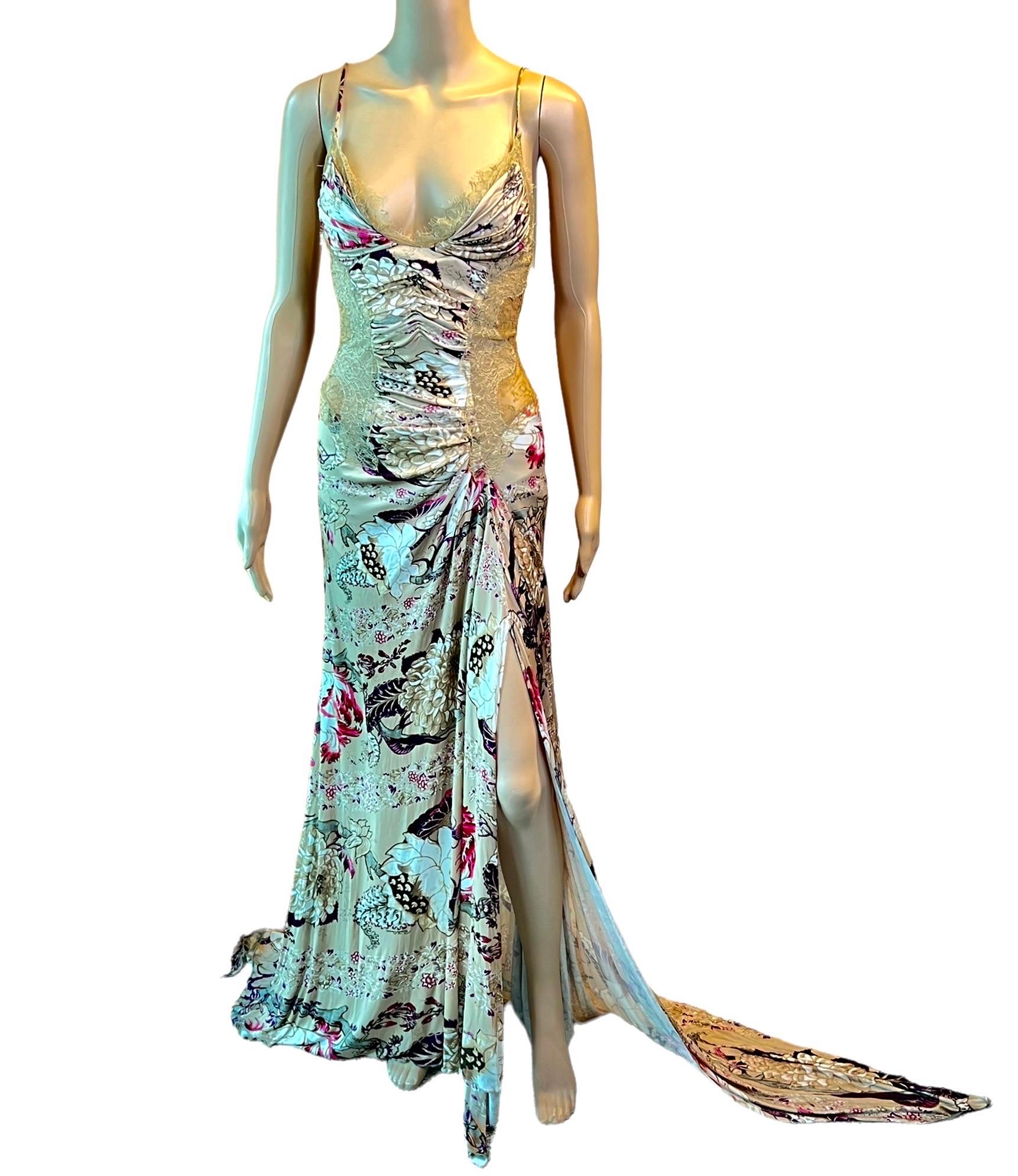 Roberto Cavalli F/W 2006 Bustier Sheer Lace Panels Floral Print Evening Dress Gown IT 40