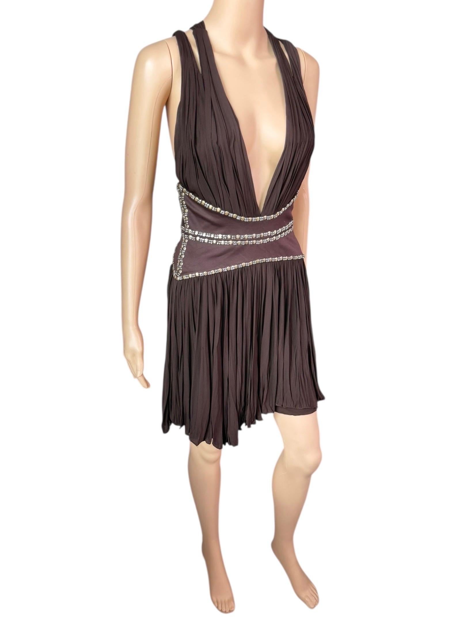 Roberto Cavalli c.2008 Minivestido marrón con escote pronunciado y recorte adornado en venta 5