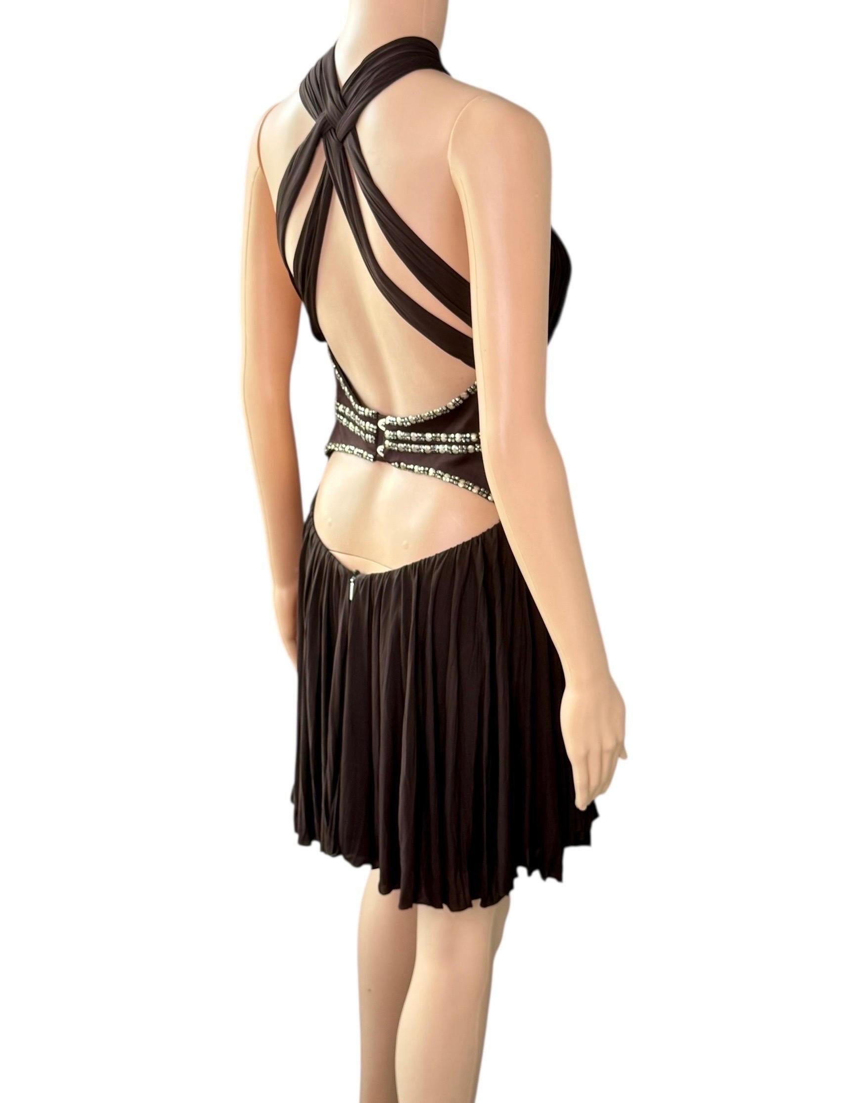 Roberto Cavalli c.2008 Minivestido marrón con escote pronunciado y recorte adornado en venta 6