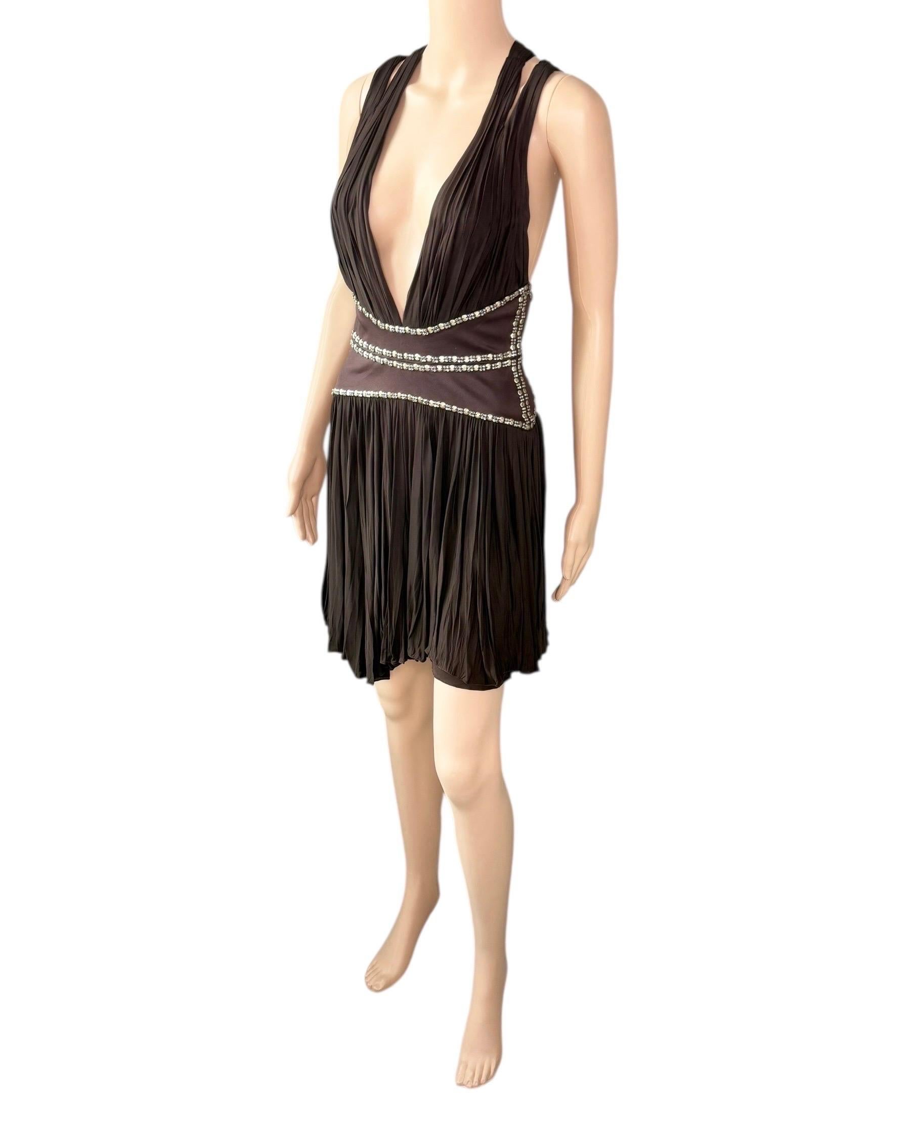 Roberto Cavalli c.2008 Minivestido marrón con escote pronunciado y recorte adornado en venta 7