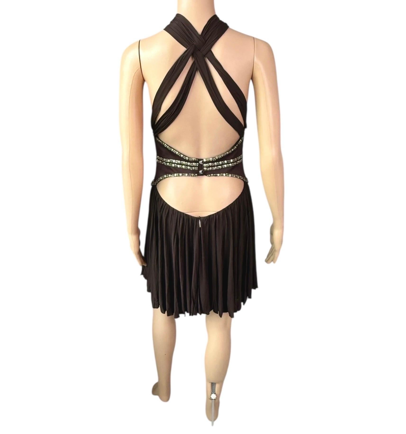 Roberto Cavalli c.2008 Minivestido marrón con escote pronunciado y recorte adornado en venta 8
