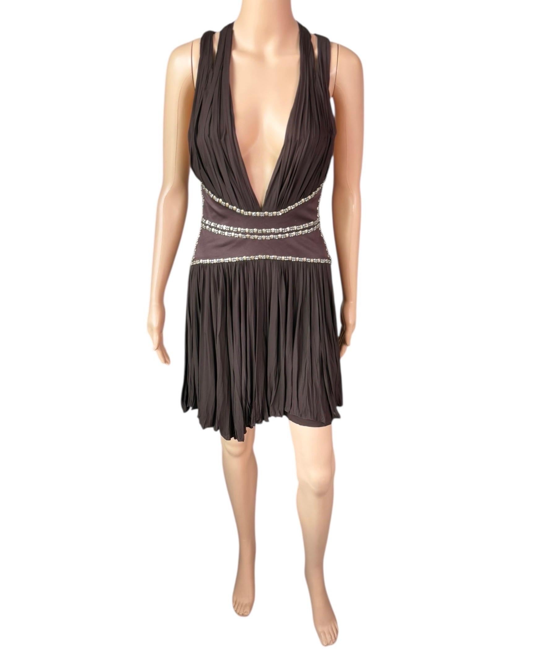 Roberto Cavalli c.2008 Minivestido marrón con escote pronunciado y recorte adornado en venta 9
