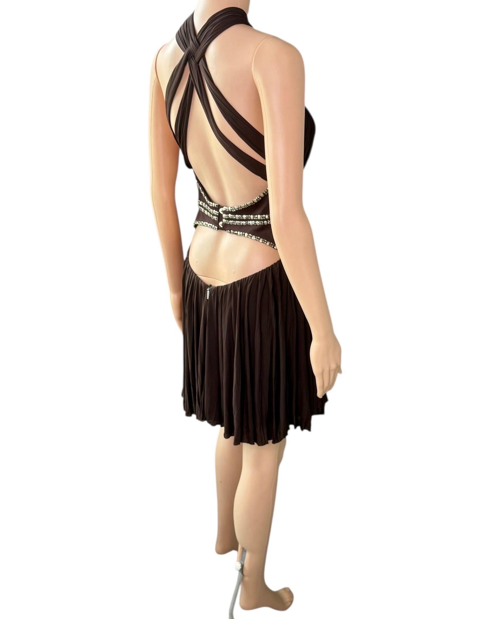 Roberto Cavalli c.2008 Minivestido marrón con escote pronunciado y recorte adornado en venta 10