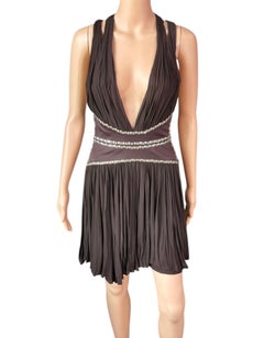 Roberto Cavalli c.2008 Embellished Plunging Neckline Cutout Brown Mini Dress