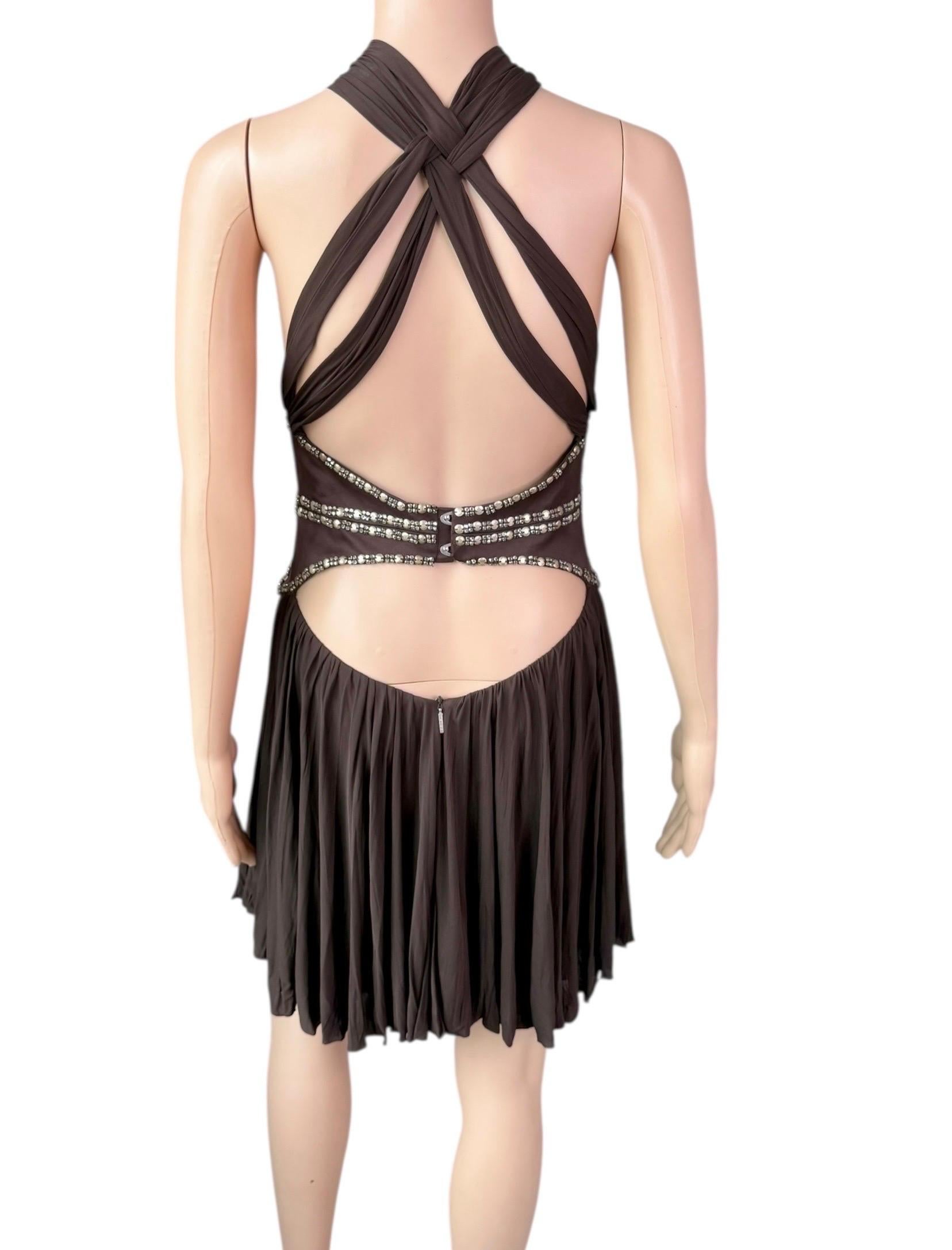 Roberto Cavalli c.2008 Minivestido marrón con escote pronunciado y recorte adornado Negro en venta