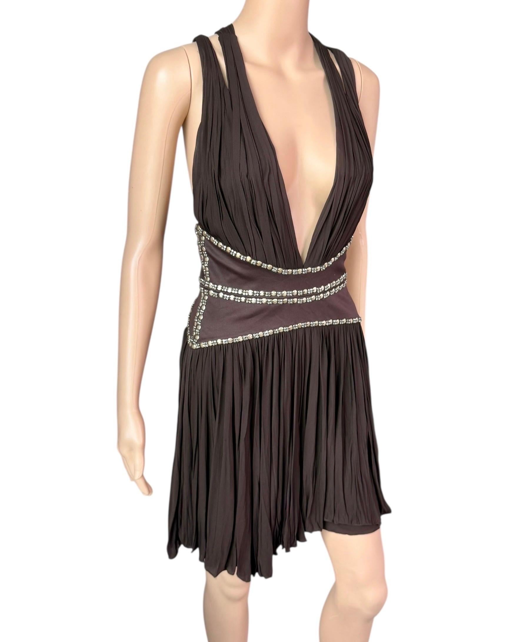 Roberto Cavalli c.2008 Minivestido marrón con escote pronunciado y recorte adornado en Bueno estado para la venta en Naples, FL