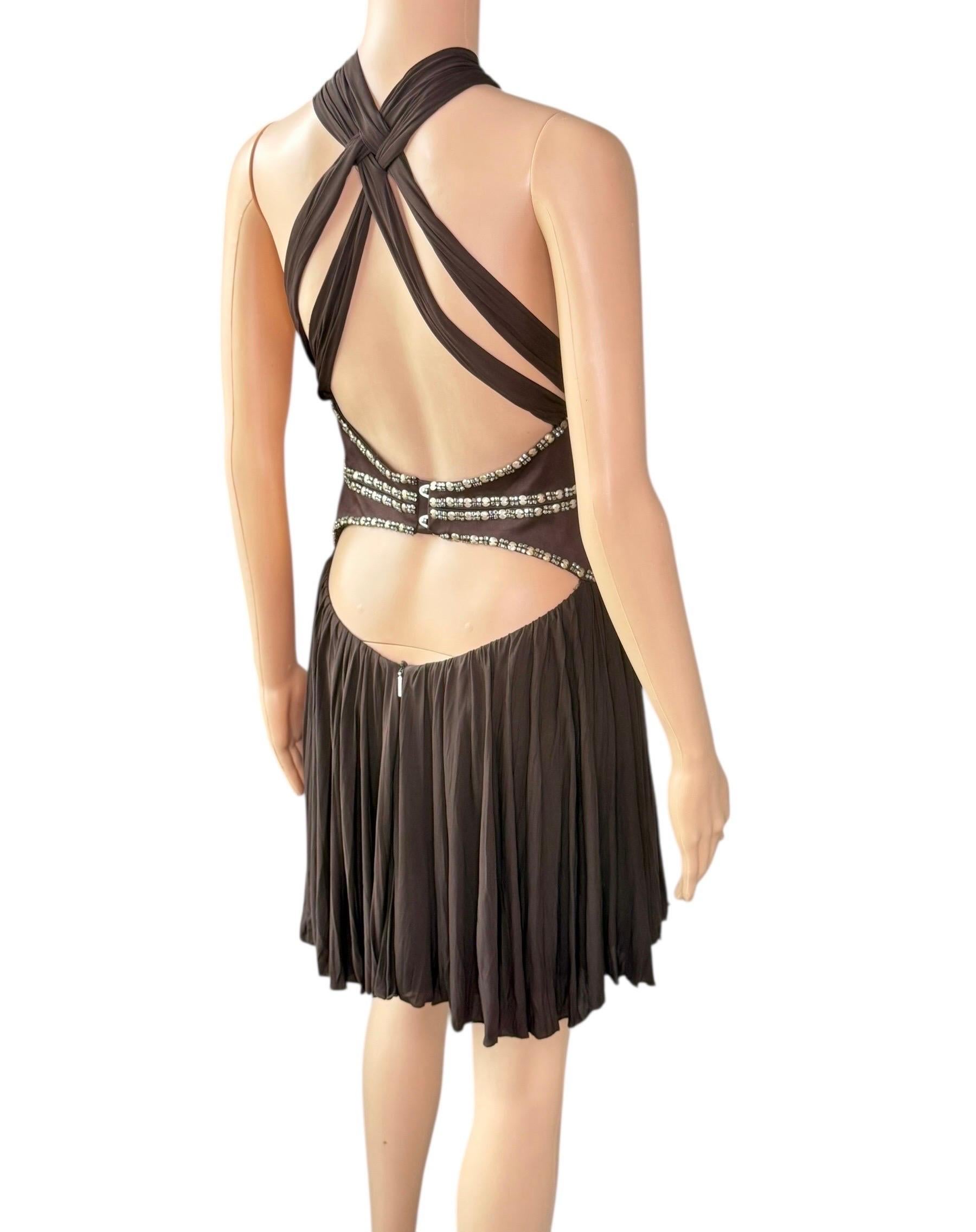 De las mujeres Roberto Cavalli c.2008 Minivestido marrón con escote pronunciado y recorte adornado en venta