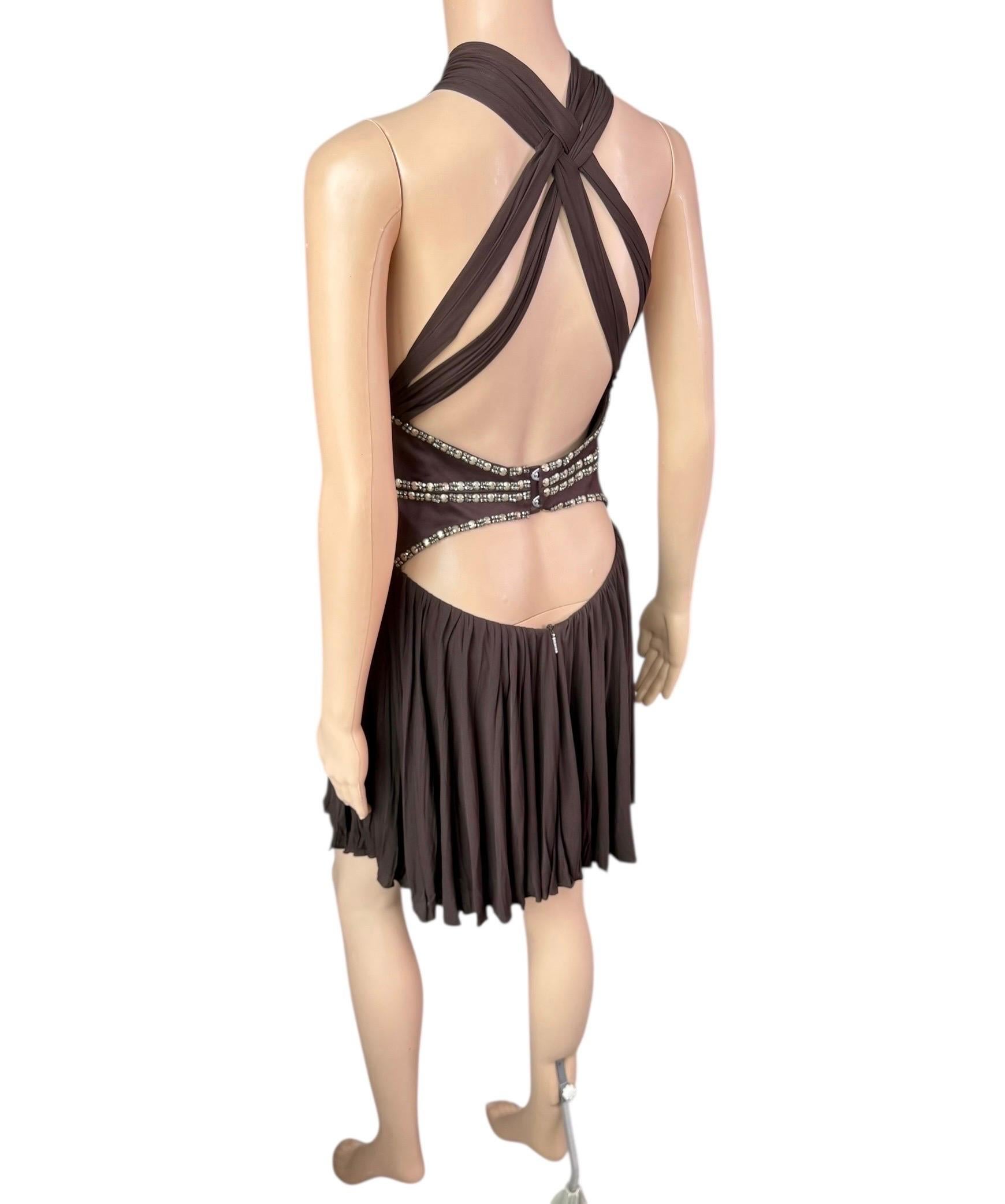 Roberto Cavalli c.2008 Minivestido marrón con escote pronunciado y recorte adornado en venta 2