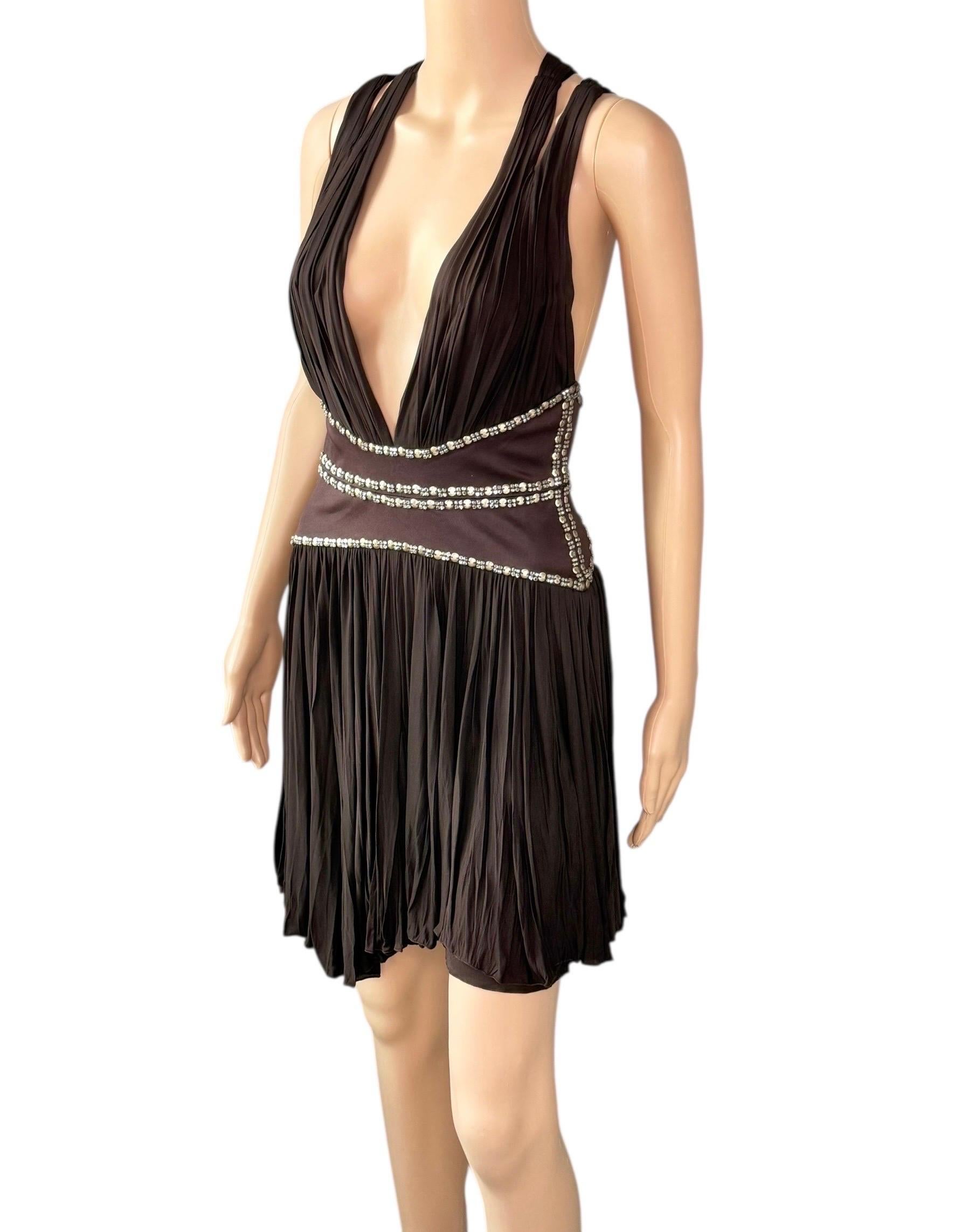 Roberto Cavalli c.2008 Minivestido marrón con escote pronunciado y recorte adornado en venta 3