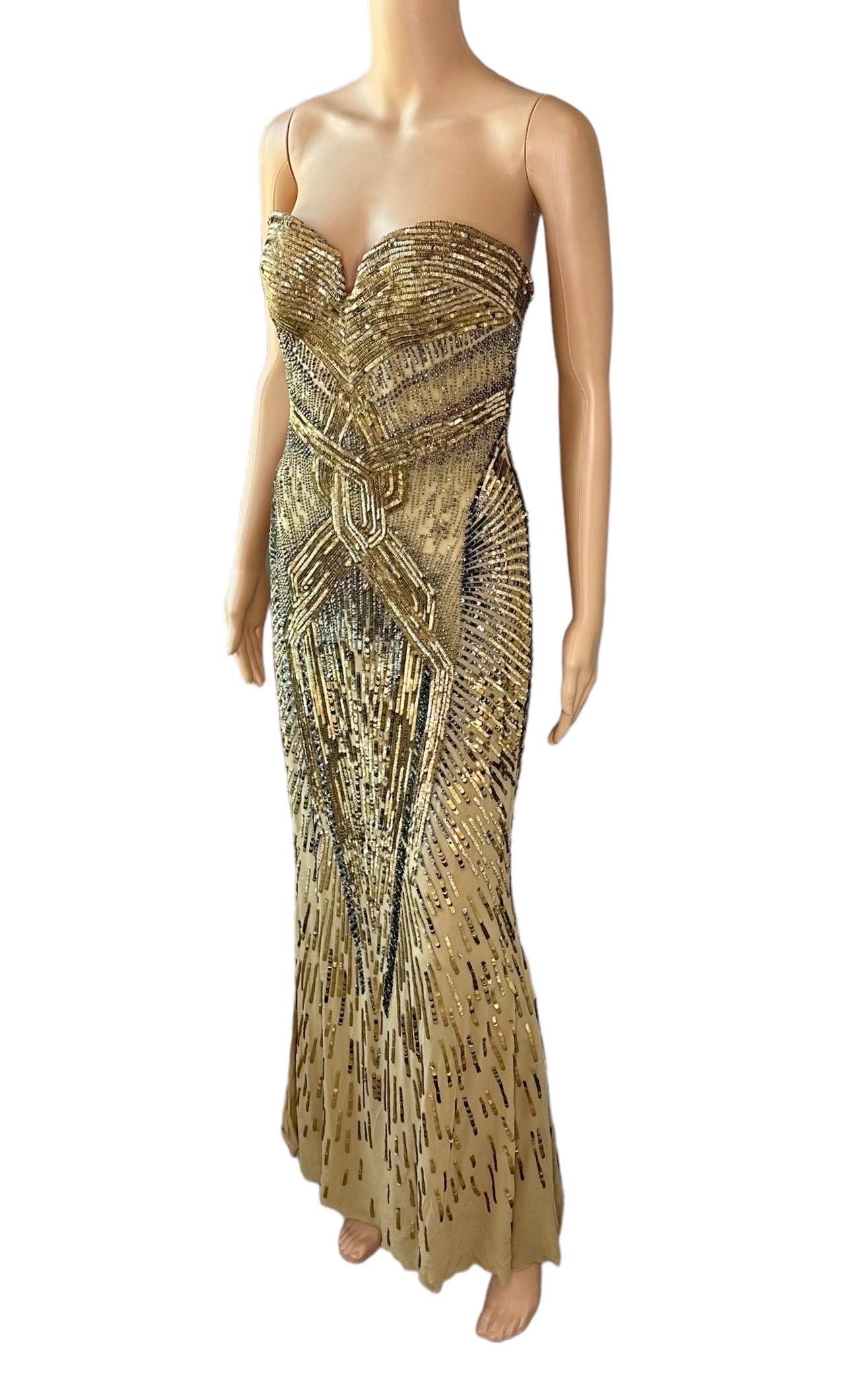 Roberto Cavalli c.2011 Vestido de noche sin tirantes con corsé y corpiño adornado Marrón en venta