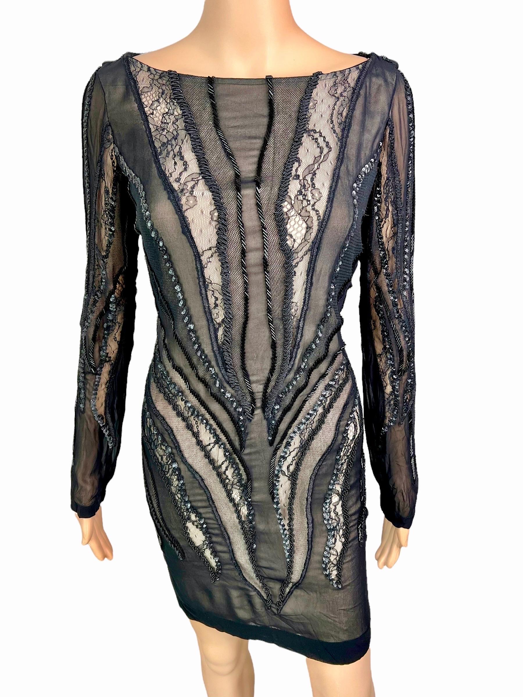 Roberto Cavalli c.2012 Unworn Embellished Sheer Lace Black Mini Dress In New Condition For Sale In Naples, FL
