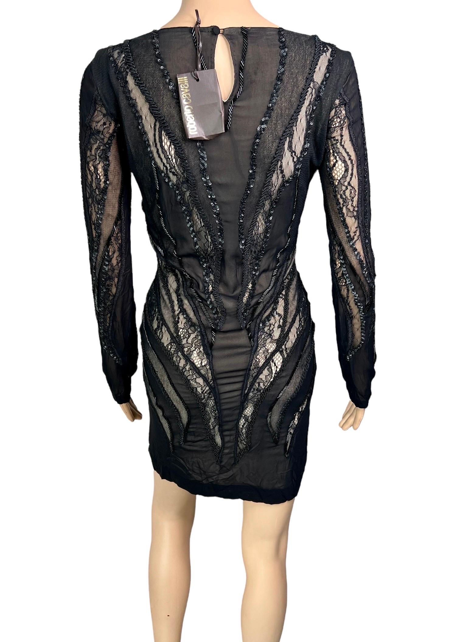 Women's Roberto Cavalli c.2012 Unworn Embellished Sheer Lace Black Mini Dress For Sale