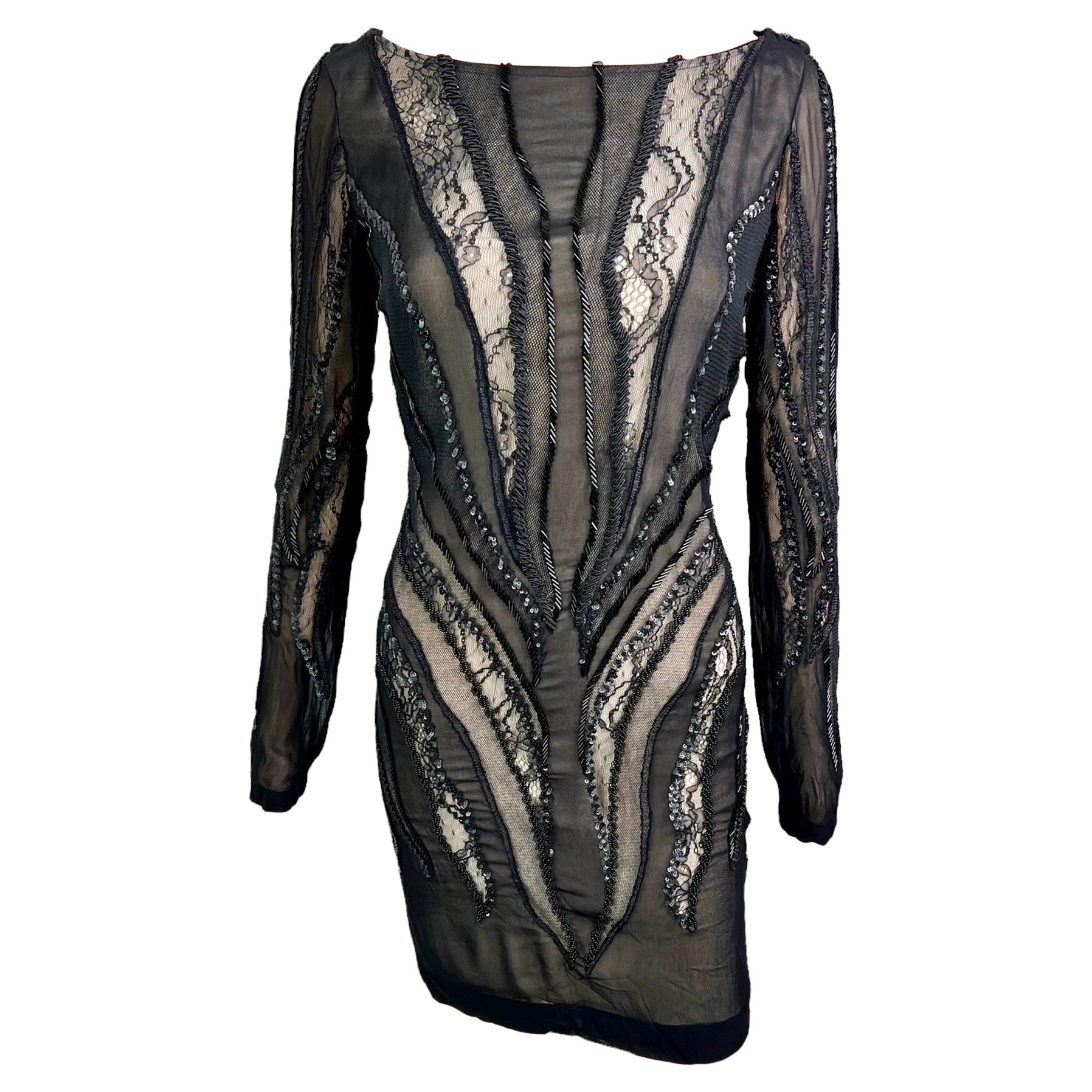 Roberto Cavalli c.2012 Mini abito nero in pizzo trasparente impreziosito non indossato
