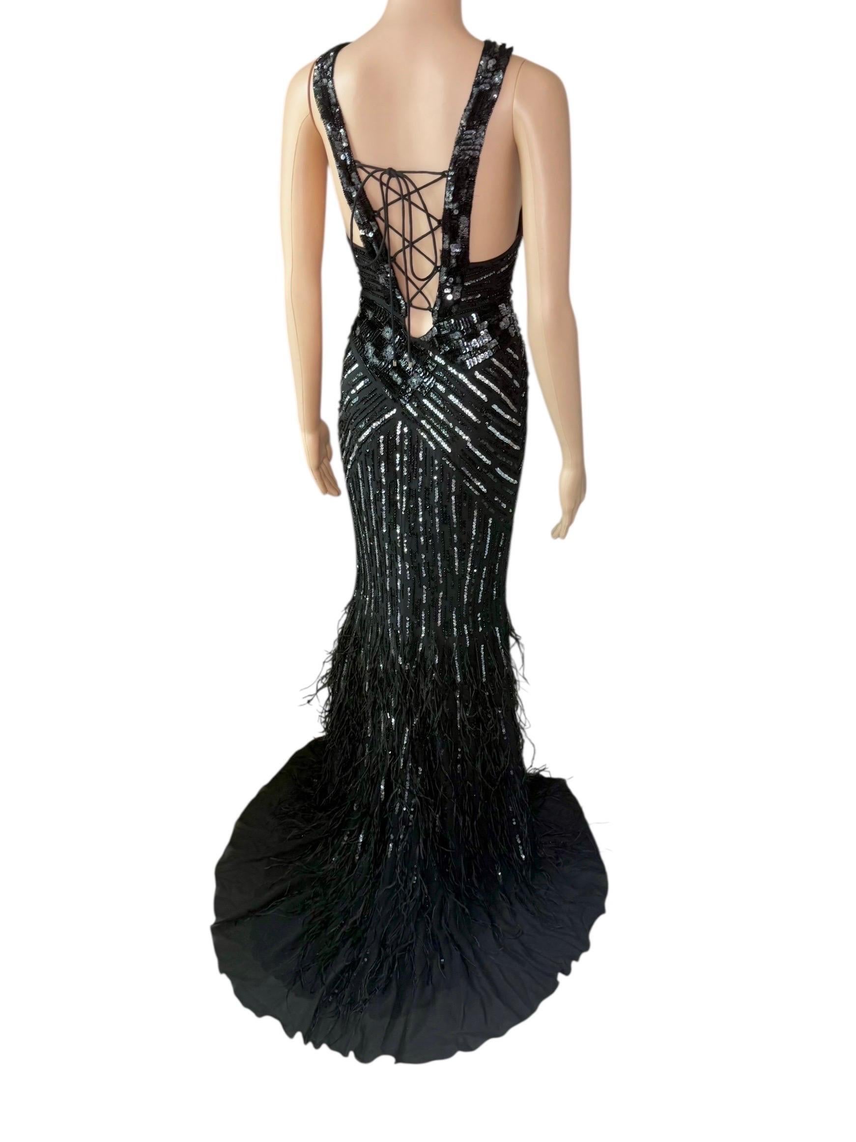 Roberto Cavalli c.2015 Embellished Feathers Lace Up Corset Evening Dress Gown For Sale 6