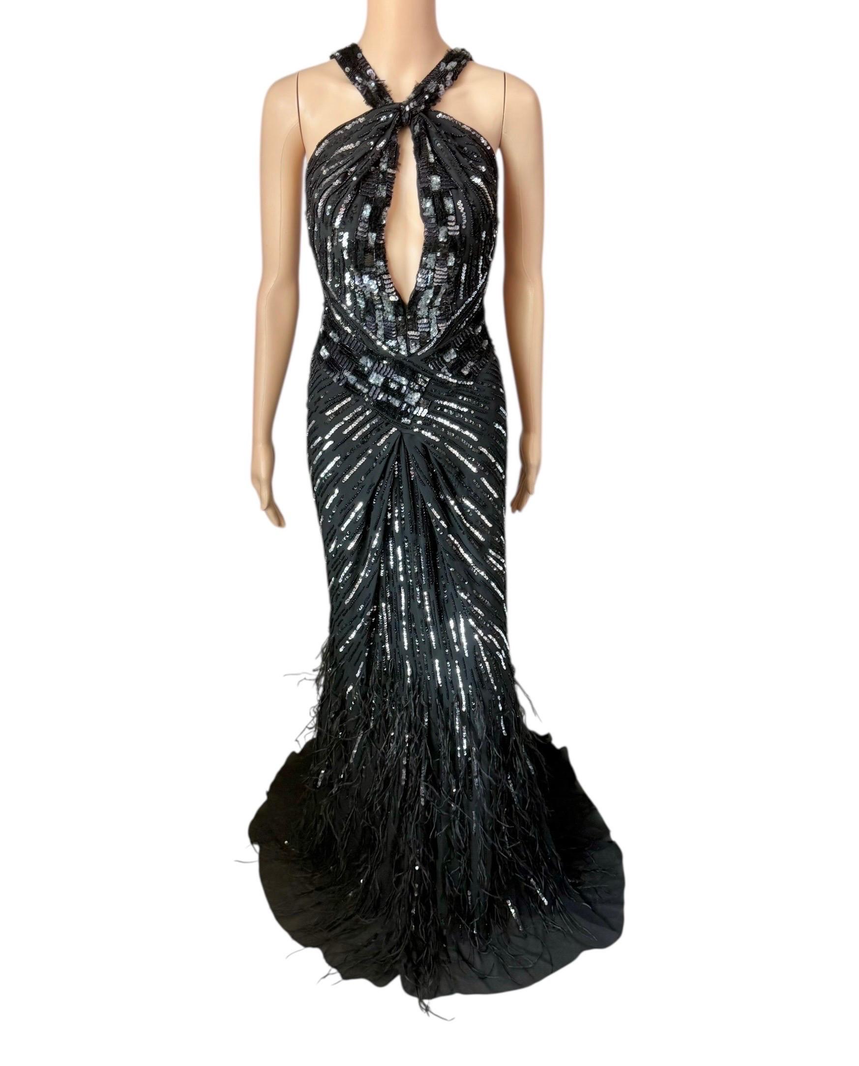 Roberto Cavalli c.2015 Embellished Feathers Lace Up Corset Keyhole Plunging Neckline Evening Dress Gown

Size IT 42

Condition: Very good