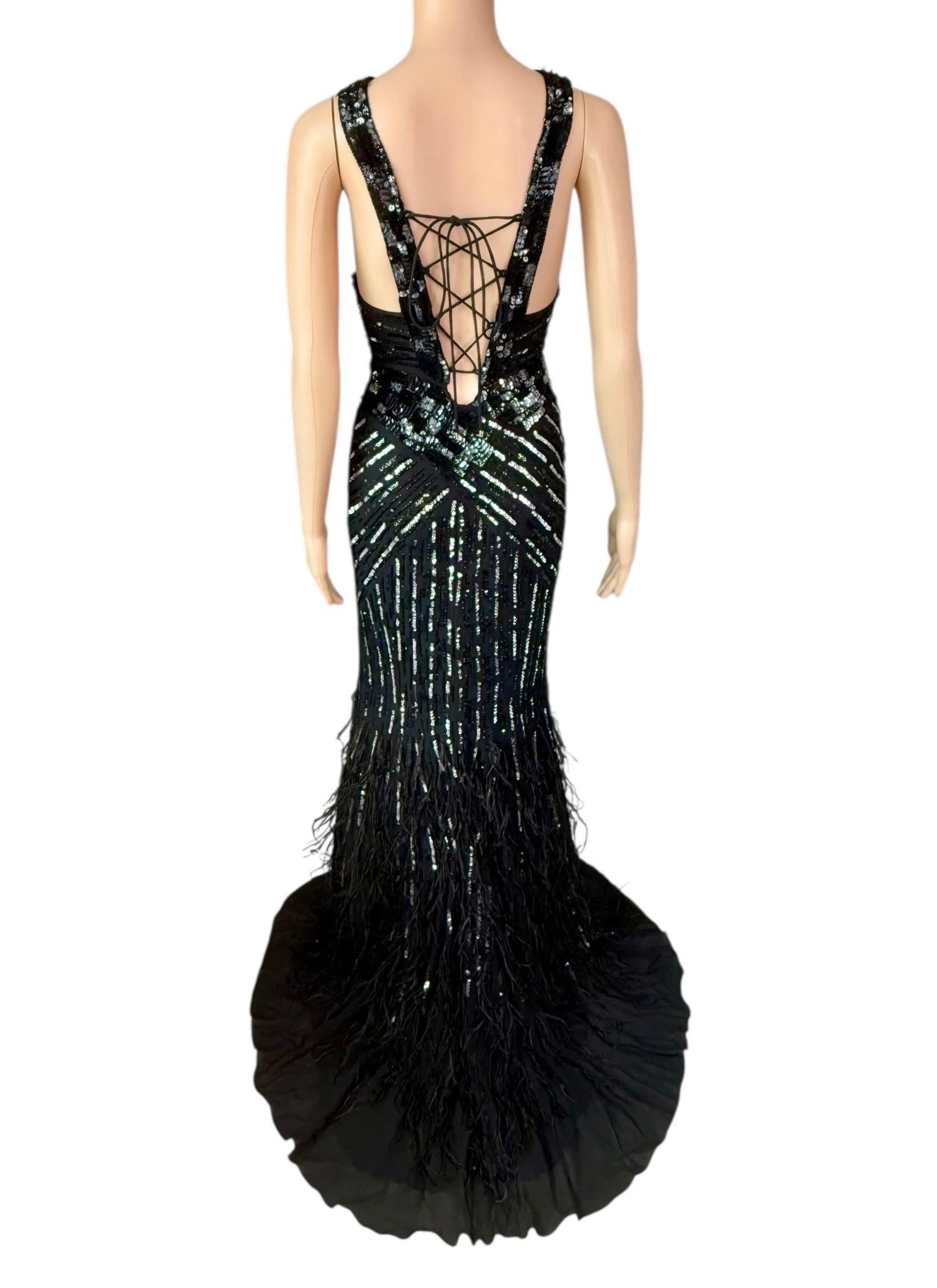 Black Roberto Cavalli c.2015 Embellished Feathers Lace Up Corset Evening Dress Gown For Sale