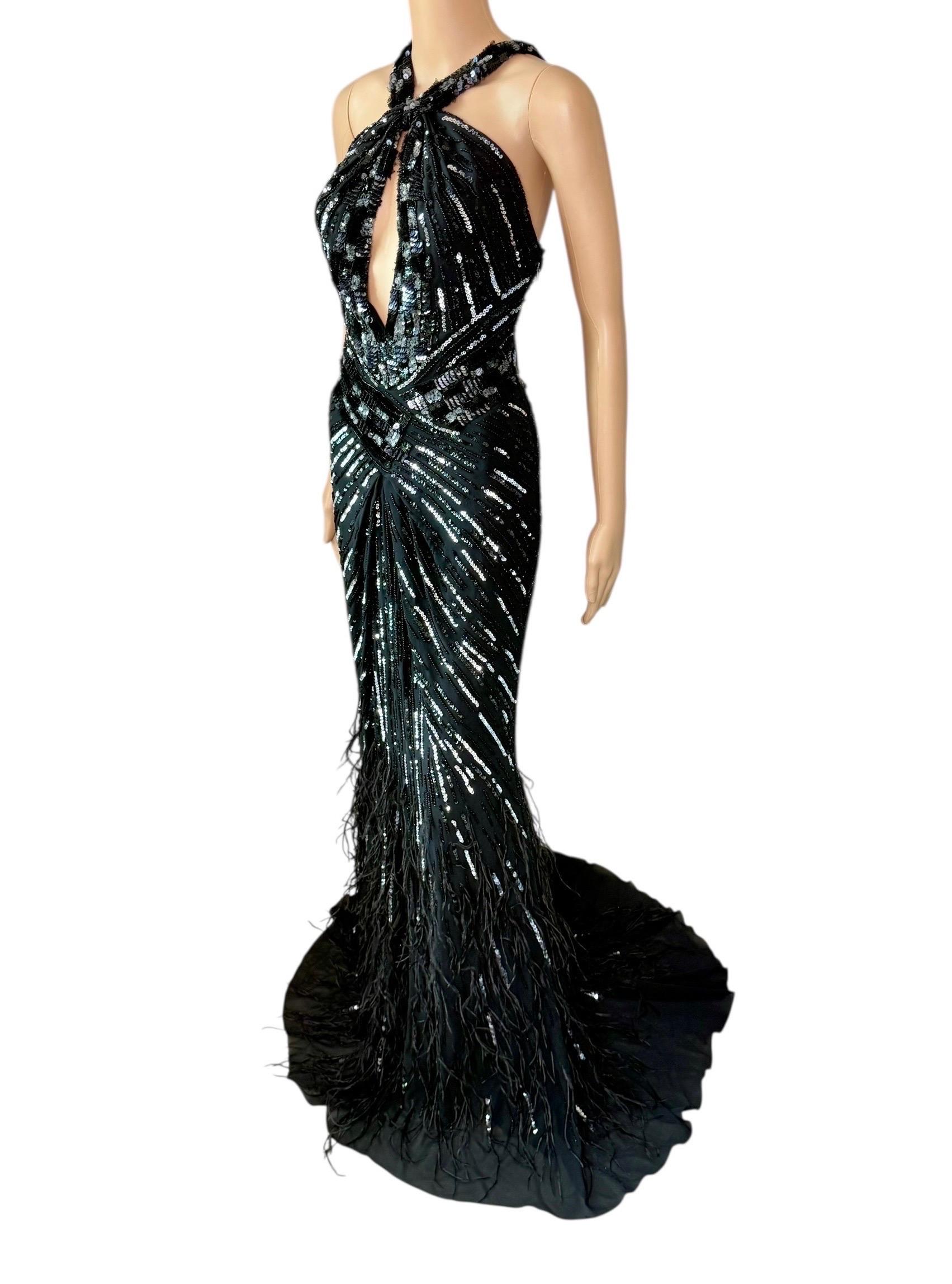 Roberto Cavalli c.2015 Embellished Feathers Lace Up Corset Evening Dress Gown In Good Condition For Sale In Naples, FL