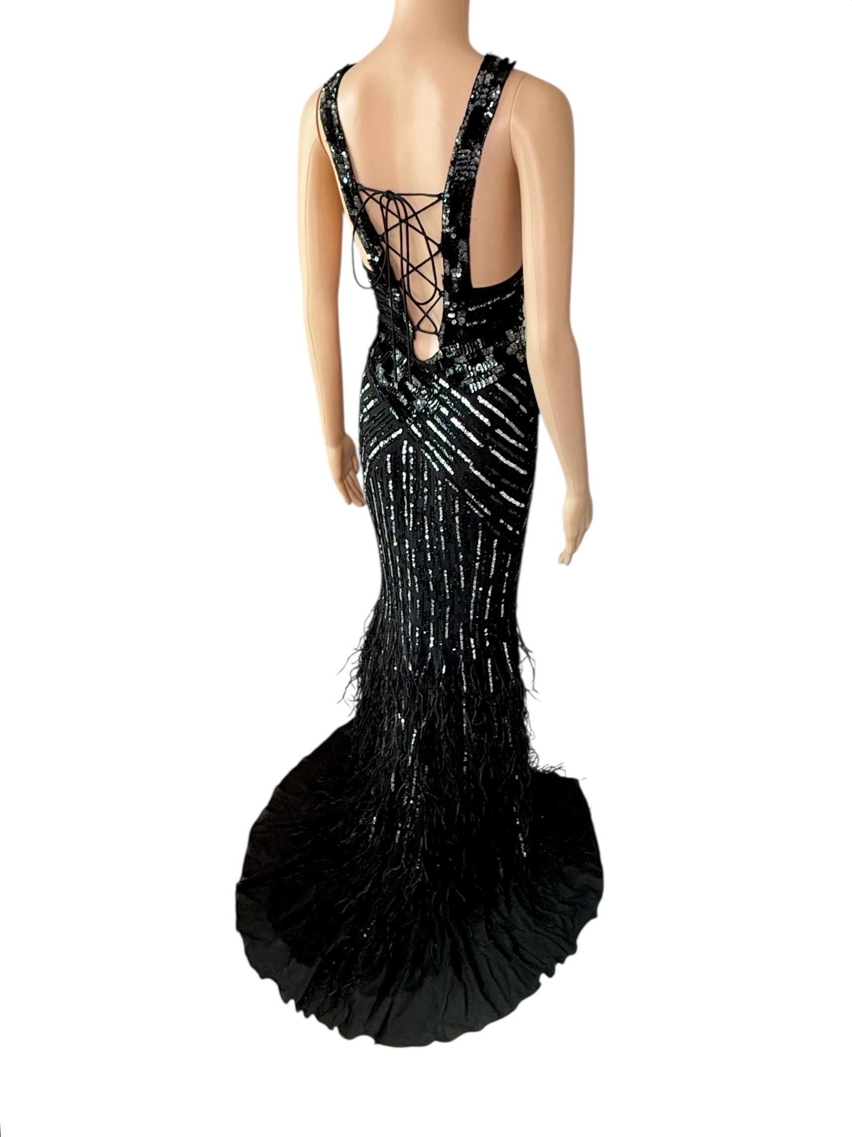 Roberto Cavalli c.2015 Embellished Feathers Lace Up Corset Evening Dress Gown For Sale 2