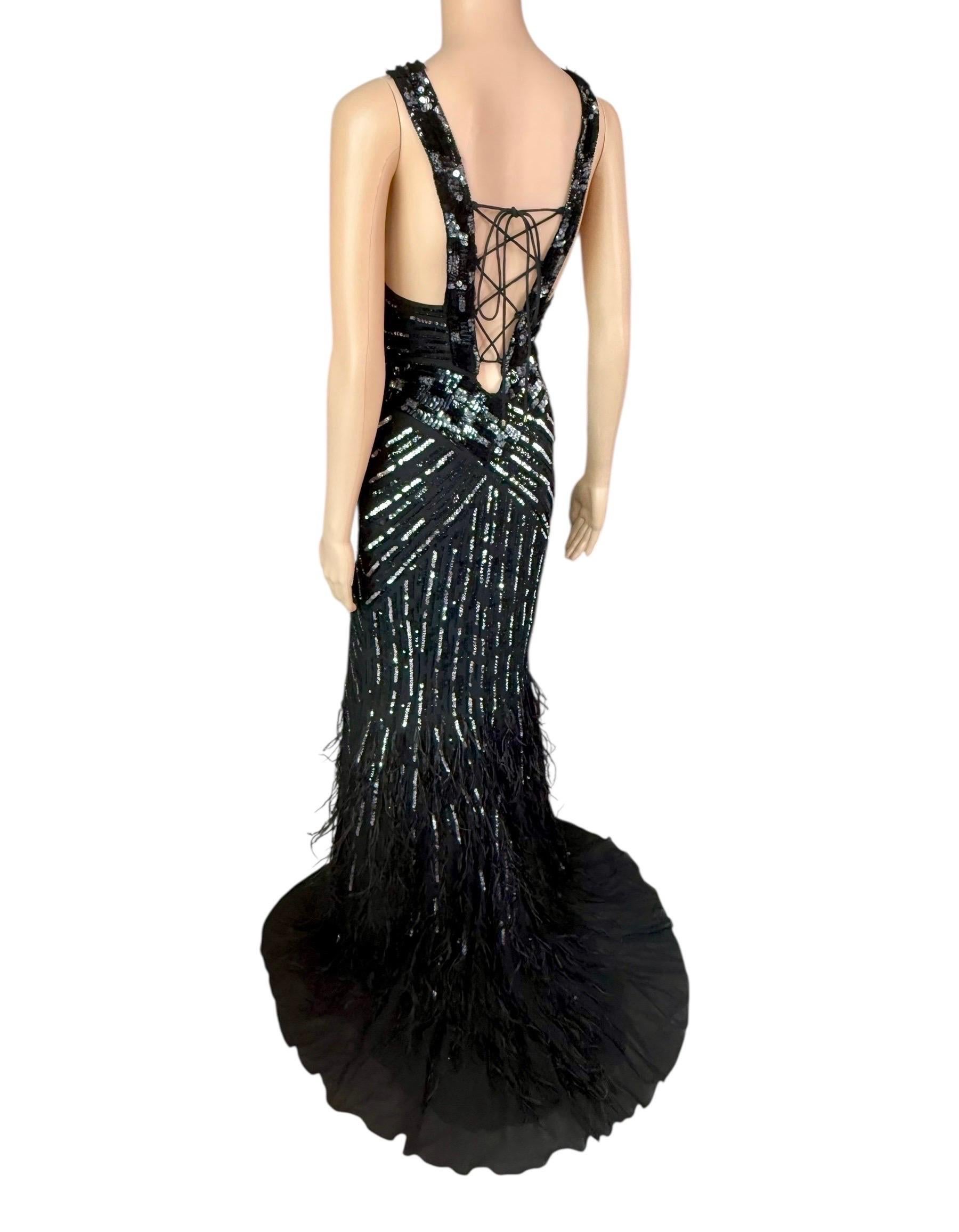 Roberto Cavalli c.2015 Embellished Feathers Lace Up Corset Evening Dress Gown For Sale 4