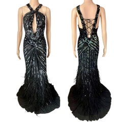Roberto Cavalli c.2015 Embellished Feathers Lace Up Corset Evening Dress Gown