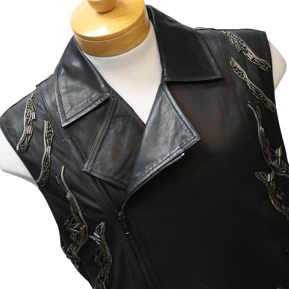 Black Roberto Cavalli Calfskin Moto Embellished Leather Vest Jacket For Sale