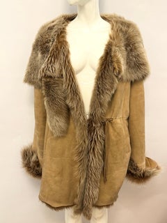 Roberto Cavalli Camel Shearling Sheepskin Wrap Coat with Dramatic Shawl 2000’s
