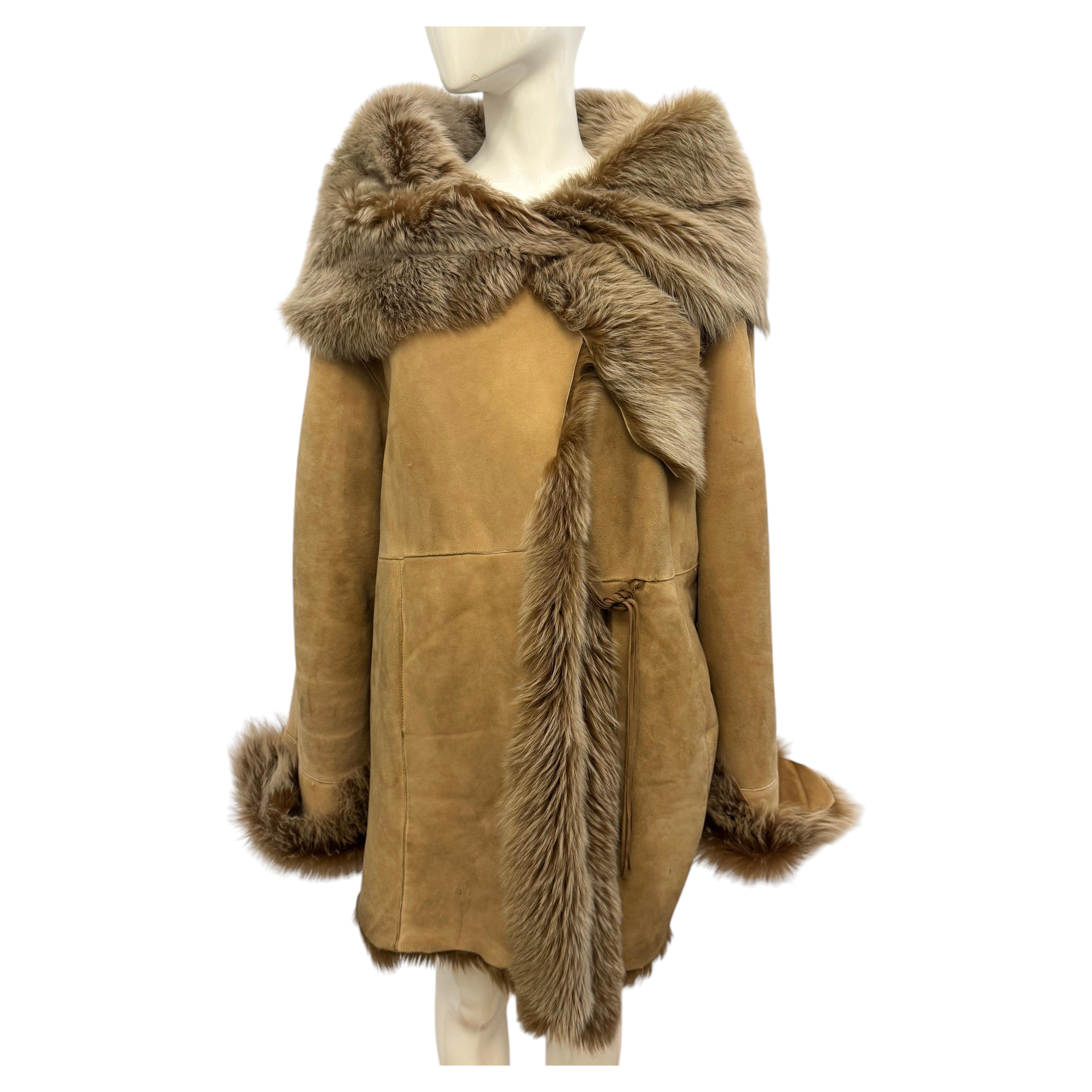 Pre-owned Roberto Cavalli Camel Shearling Sheepskin Wrap Coat With Dramatic Shawl 2000's In Brown
