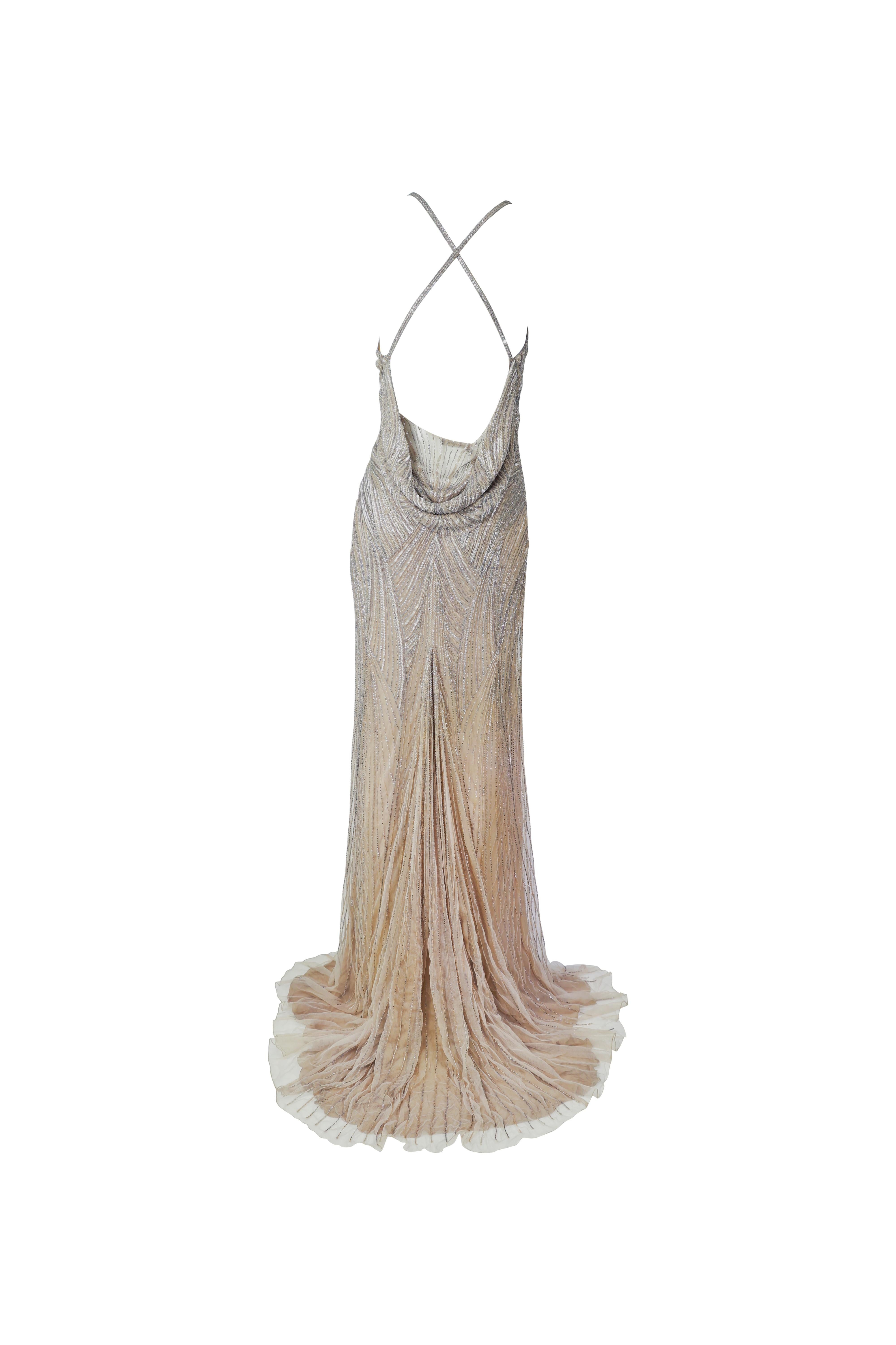 De las mujeres ROBERTO CAVALLI Champán de cuentas Plunging Draped Back Maxi Gown Tagged. 2007 NWT en venta