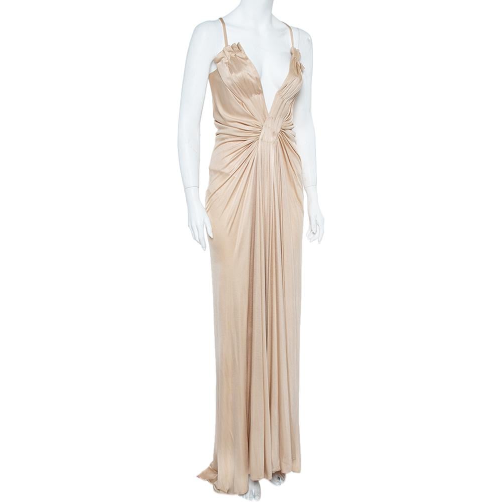 Roberto Cavalli Champagner Creme stricken tiefem Hals Kleid M (Beige)