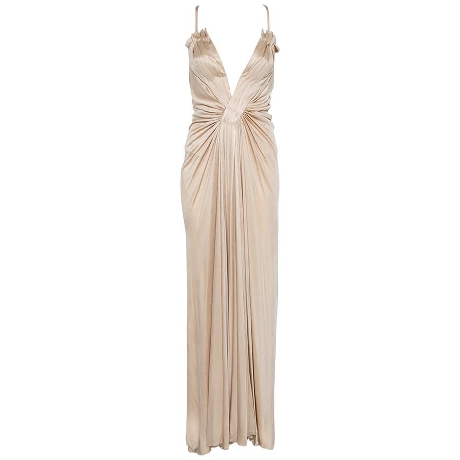 Roberto Cavalli Champagne Cream Knit Plunge Neck Gown M at 1stDibs