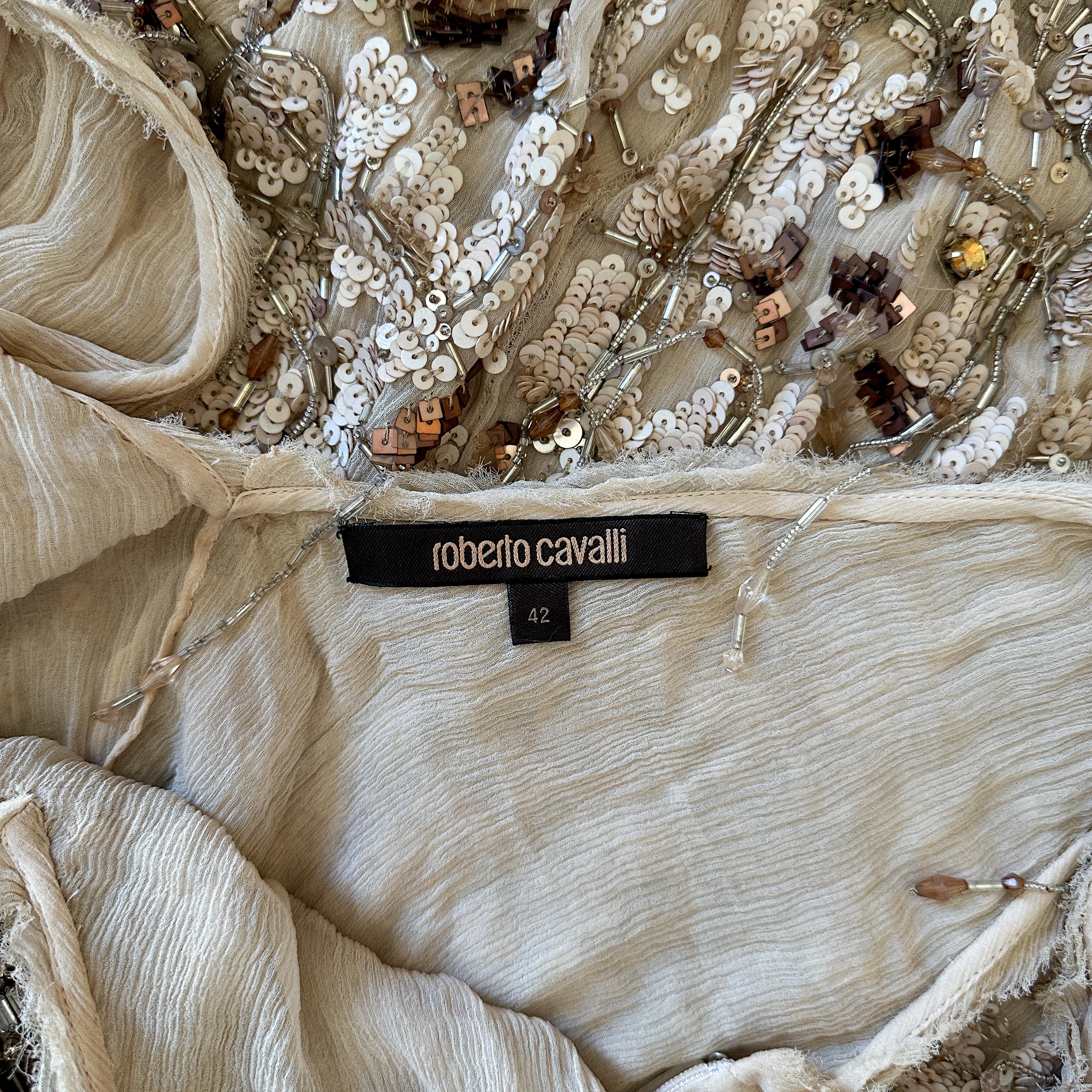 Robe en soie à paillettes et perles de champagne de Roberto Cavalli, F/H 2012 Excellent état - En vente à Paris, FR