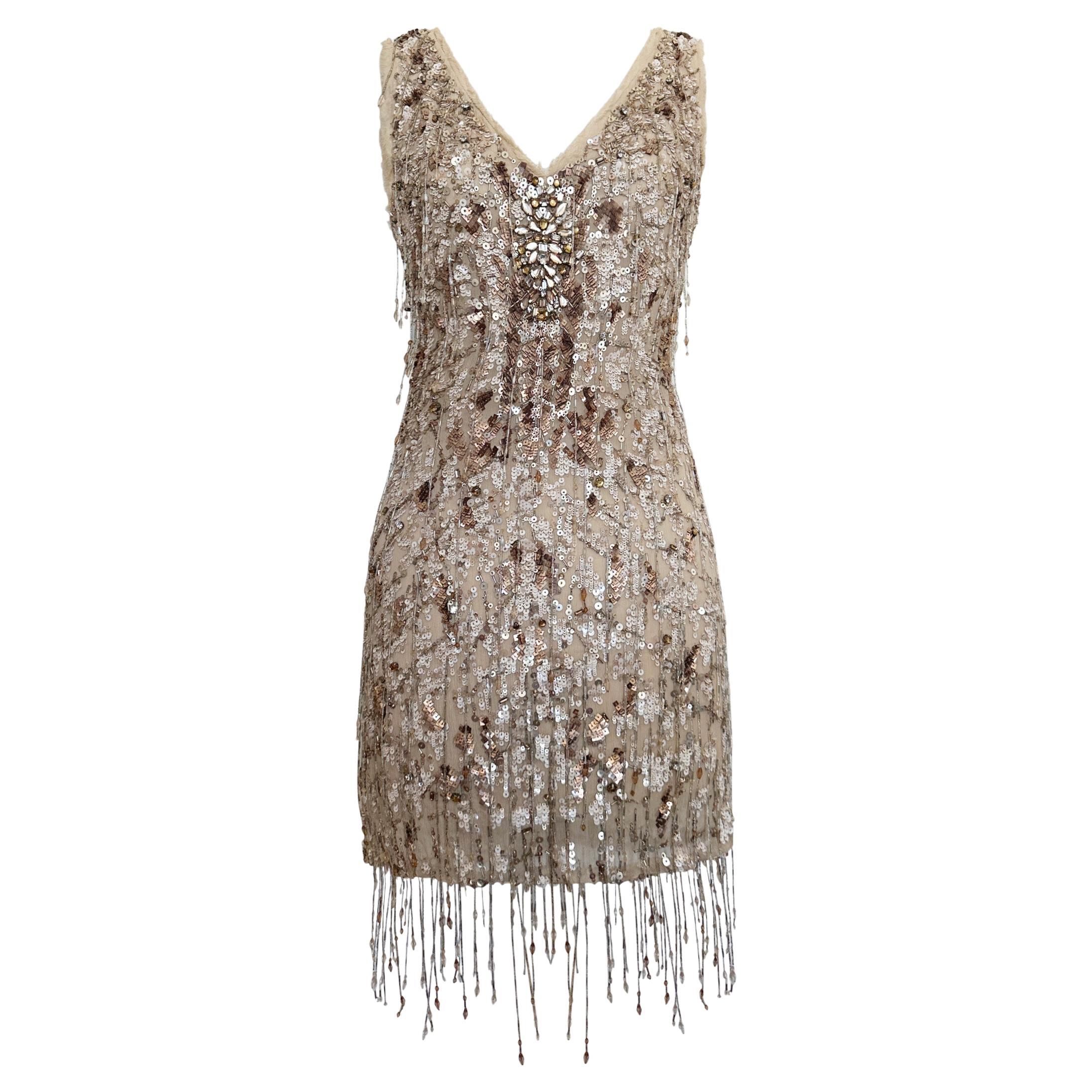 Robe en soie à paillettes et perles de champagne de Roberto Cavalli, F/H 2012 en vente