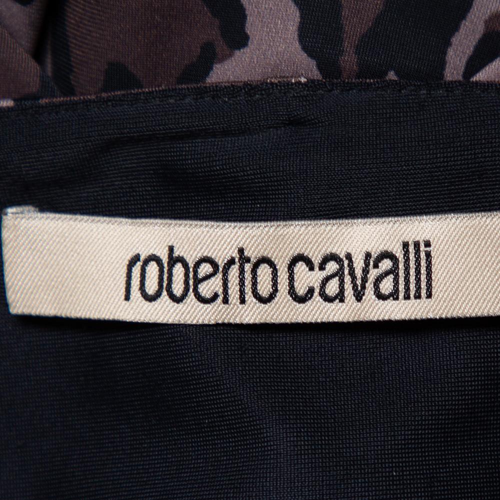 Roberto Cavalli Charcoal Grey Printed Jersey Draped Neck Maxi Dress M In Excellent Condition In Dubai, Al Qouz 2