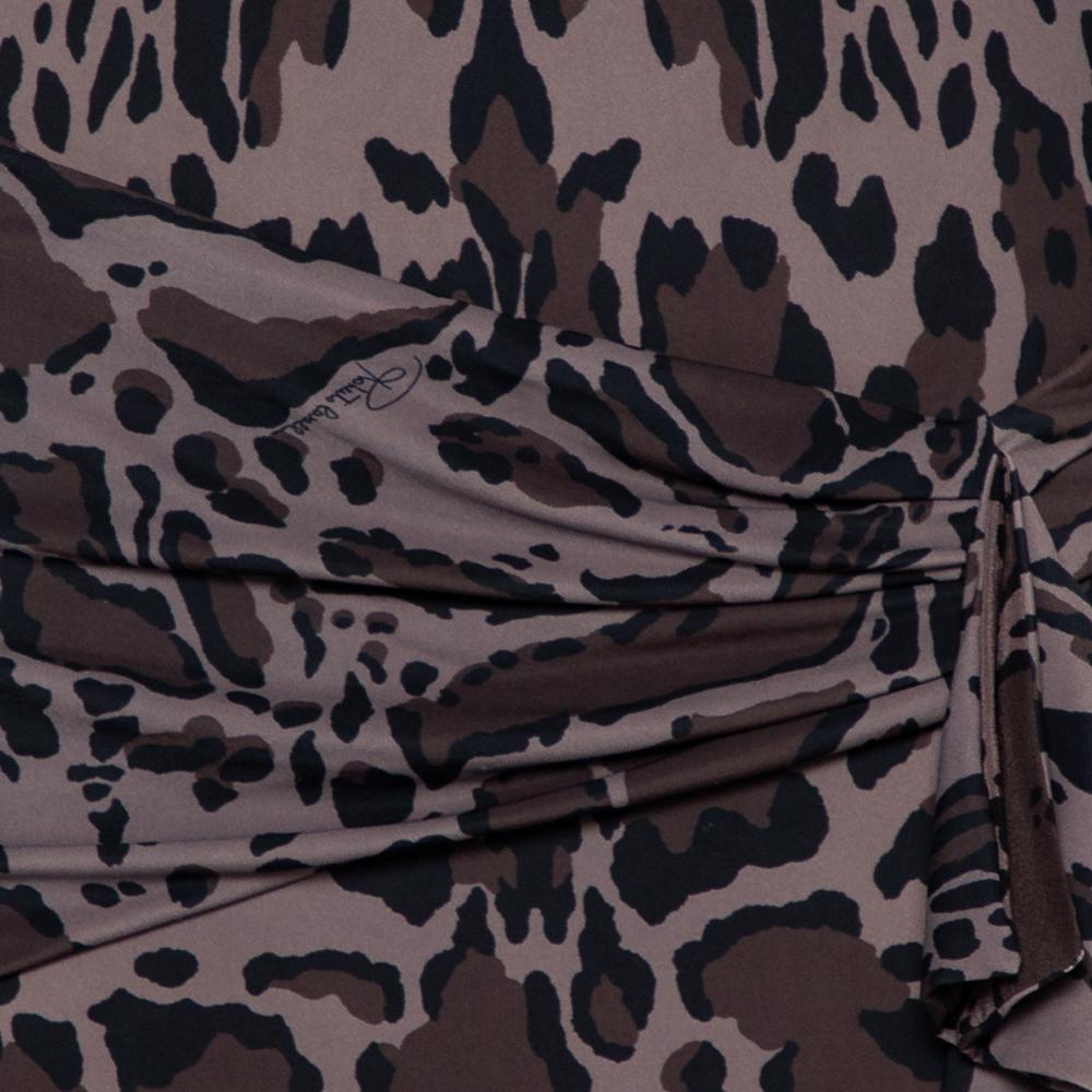 Women's Roberto Cavalli Charcoal Grey Printed Jersey Draped Neck Maxi Dress M