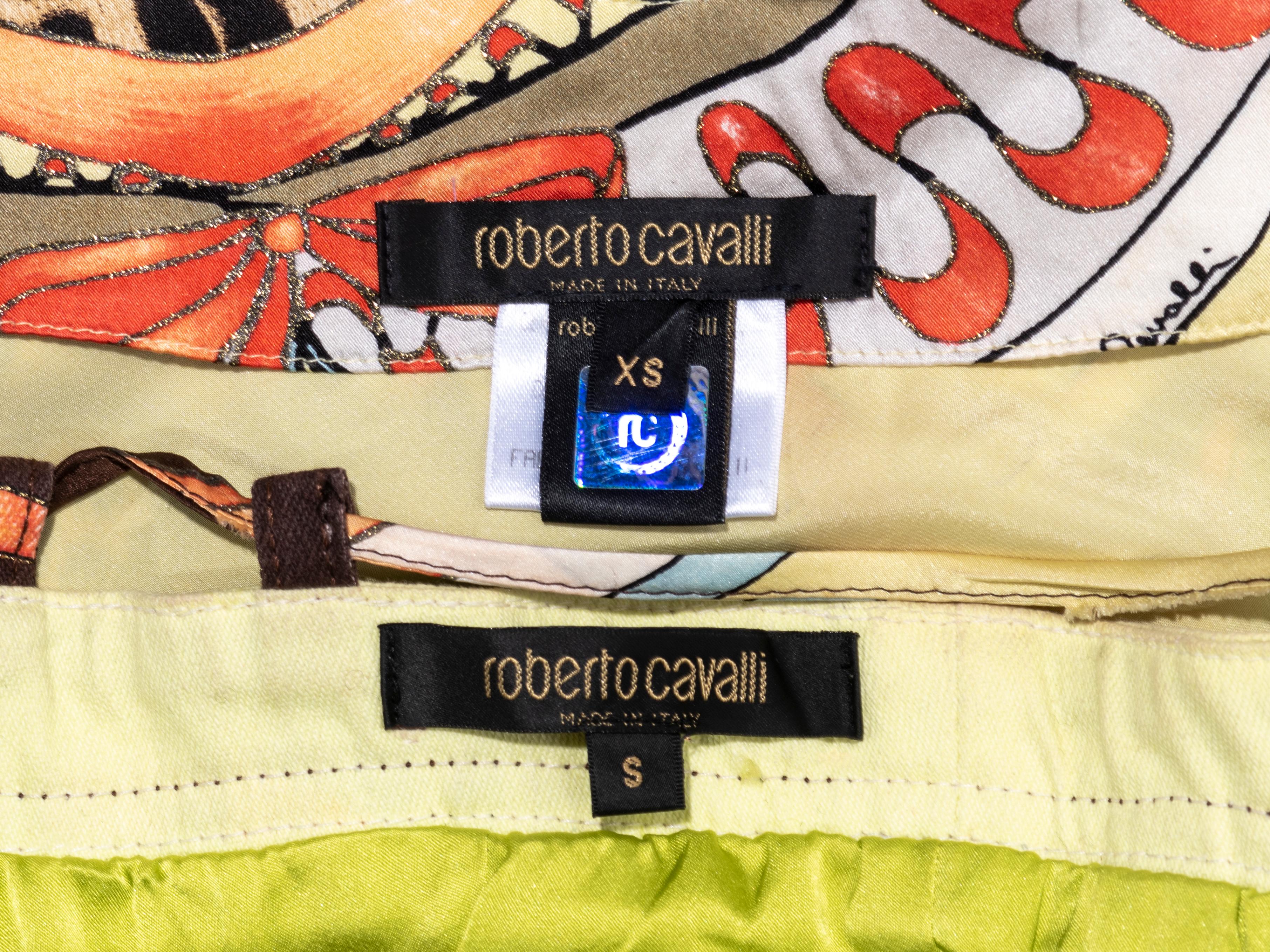 Roberto Cavalli chartreuse printed silk corset and mini skirt set, ss 2004 3
