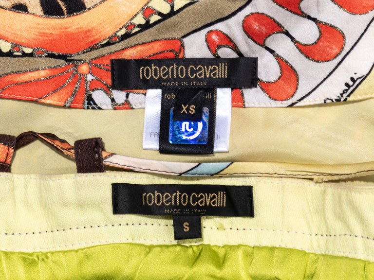 Roberto Cavalli chartreuse printed silk corset and mini skirt set, ss 2004 For Sale 6