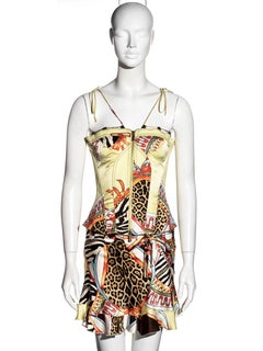 Roberto Cavalli chartreuse printed silk corset and mini skirt set, ss 2004