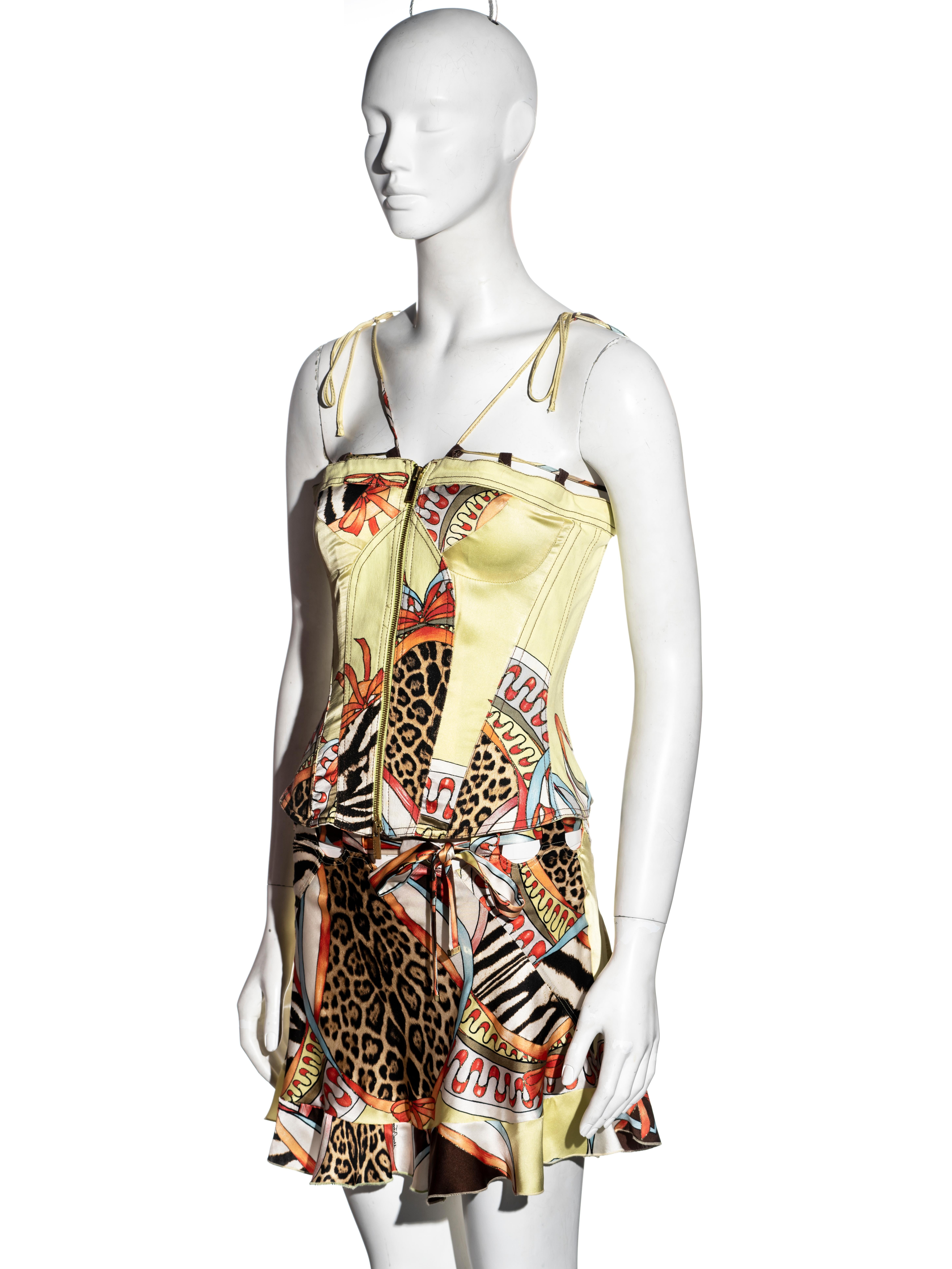 Beige Roberto Cavalli chartreuse printed silk corset and mini skirt set, ss 2004