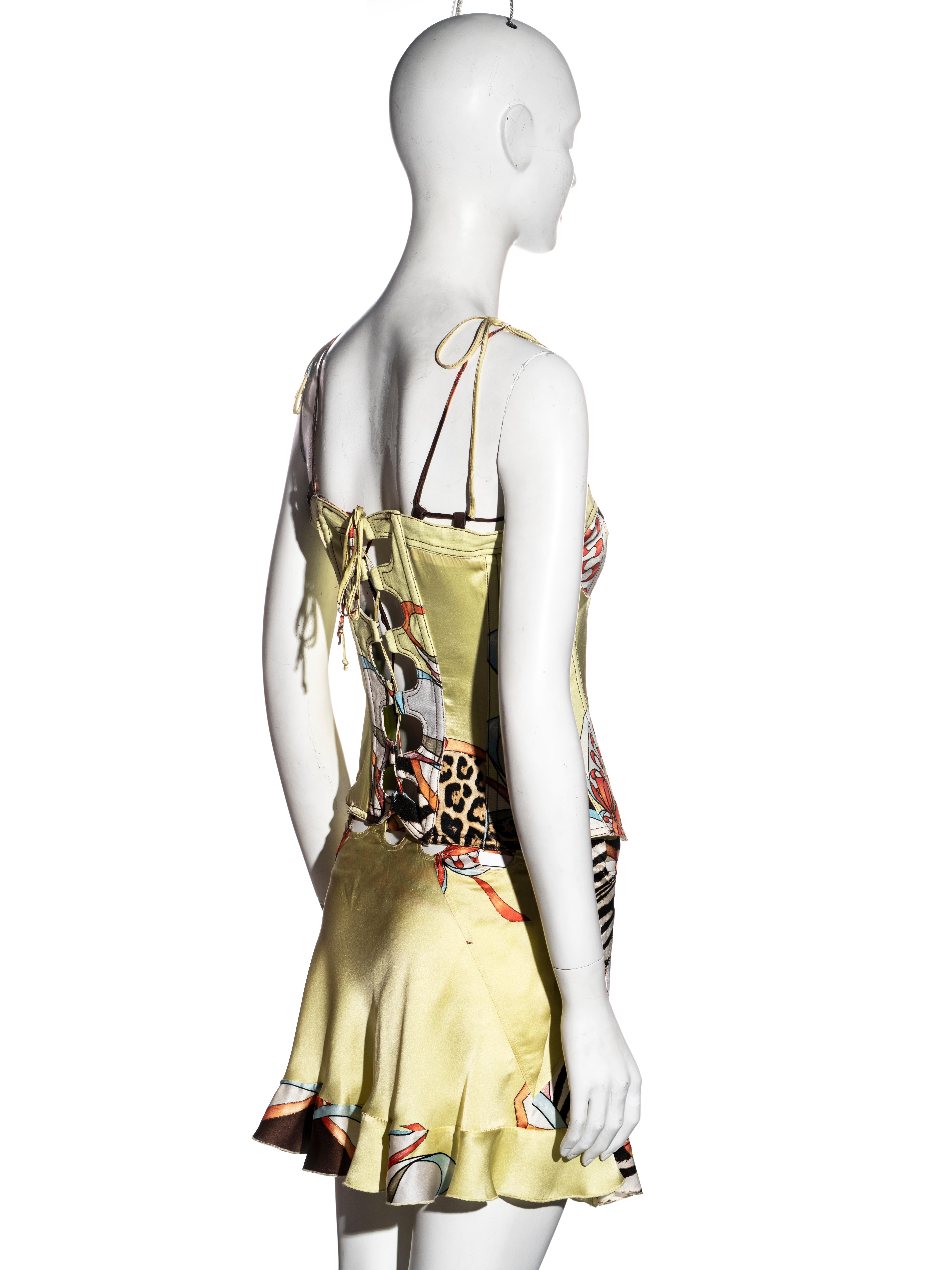 Roberto Cavalli chartreuse printed silk corset and mini skirt set, ss 2004 In Good Condition In London, GB