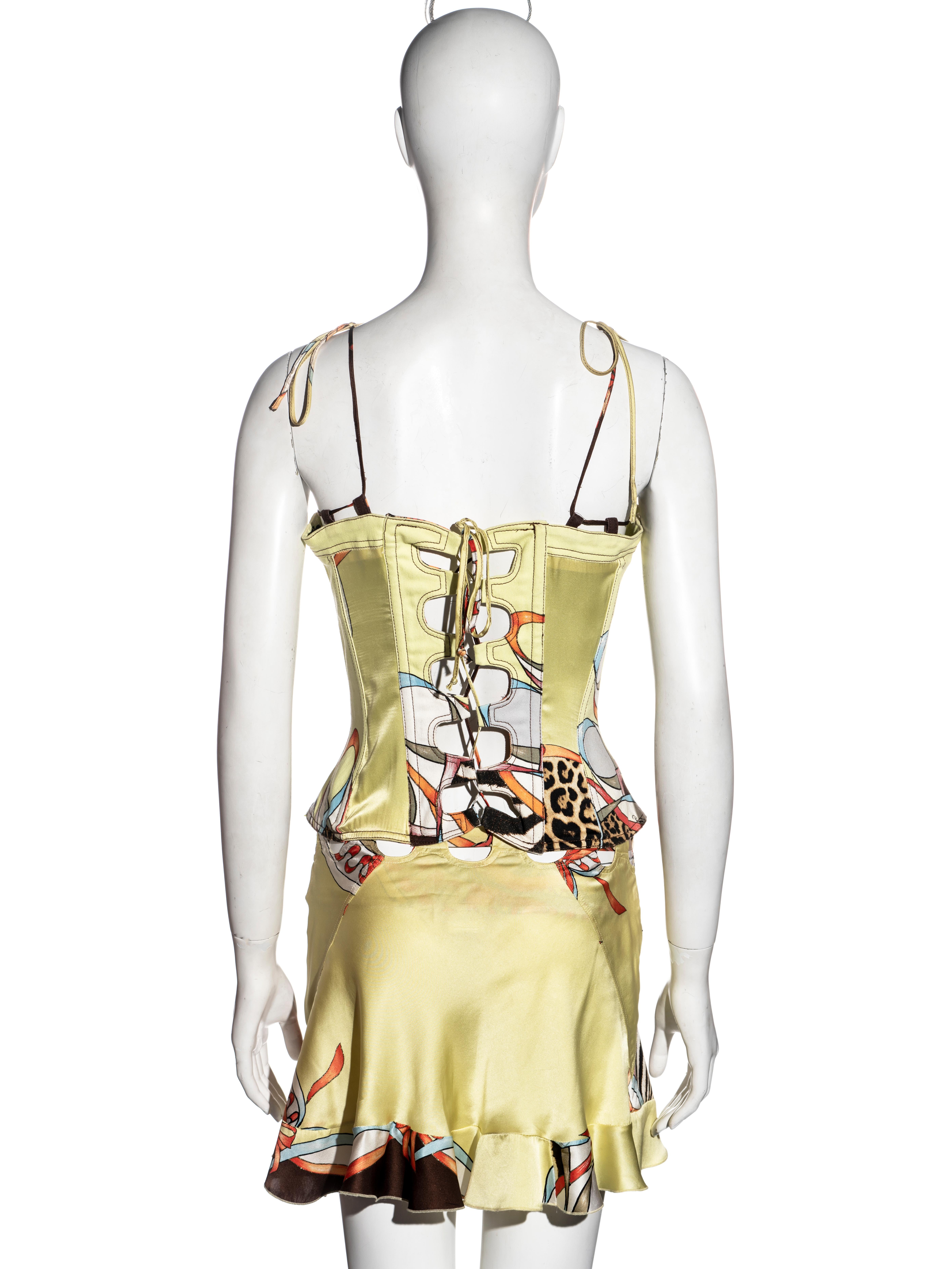 Women's Roberto Cavalli chartreuse printed silk corset and mini skirt set, ss 2004