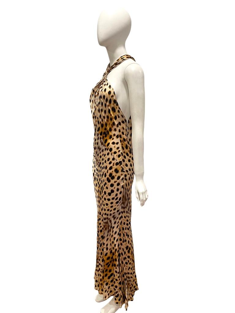 Beige Roberto Cavalli cheetah print silk halter dress