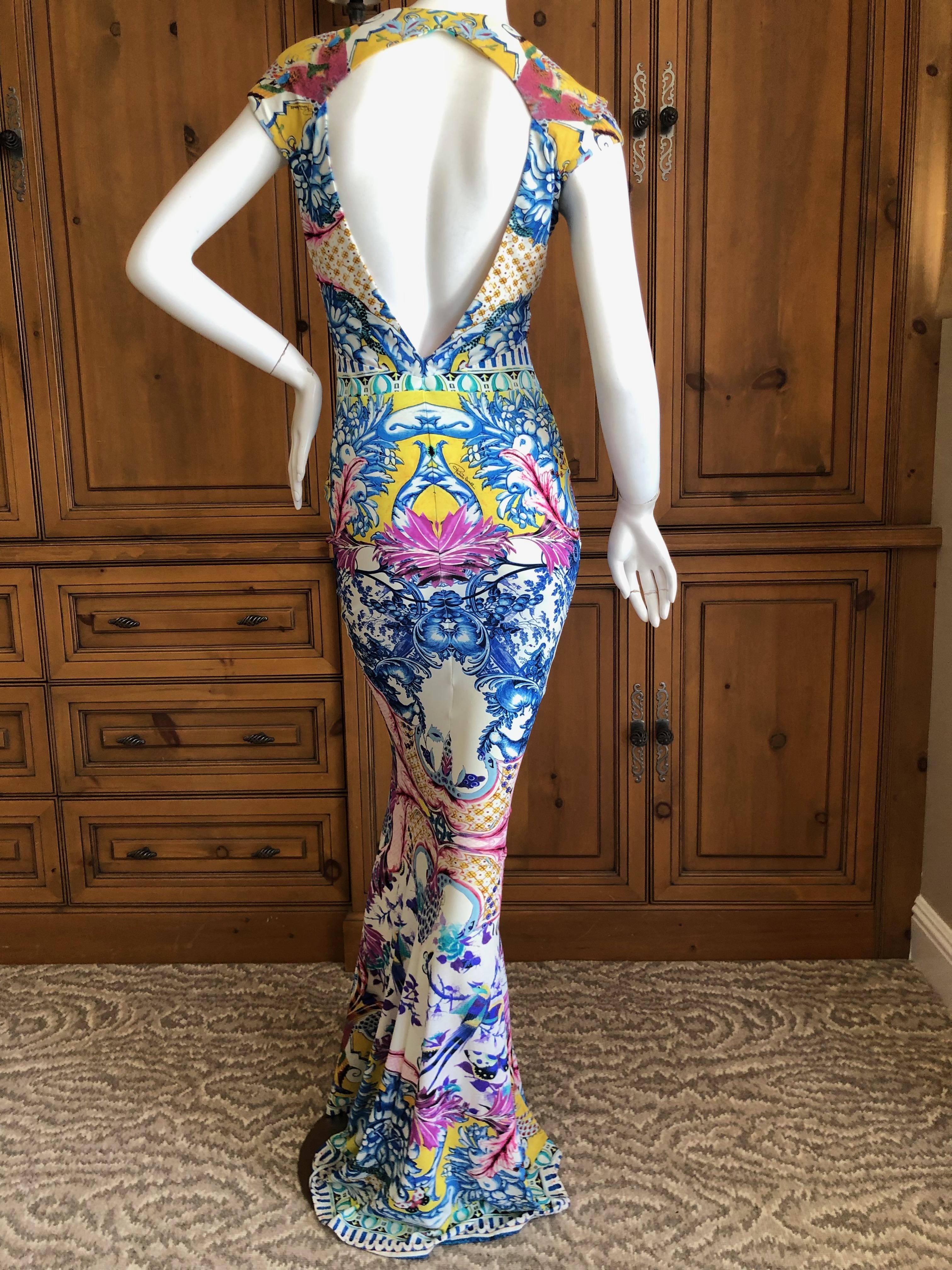 Gray Roberto Cavalli China Pattern Print Body Hugging Maxi Dress with Keyhole Back For Sale