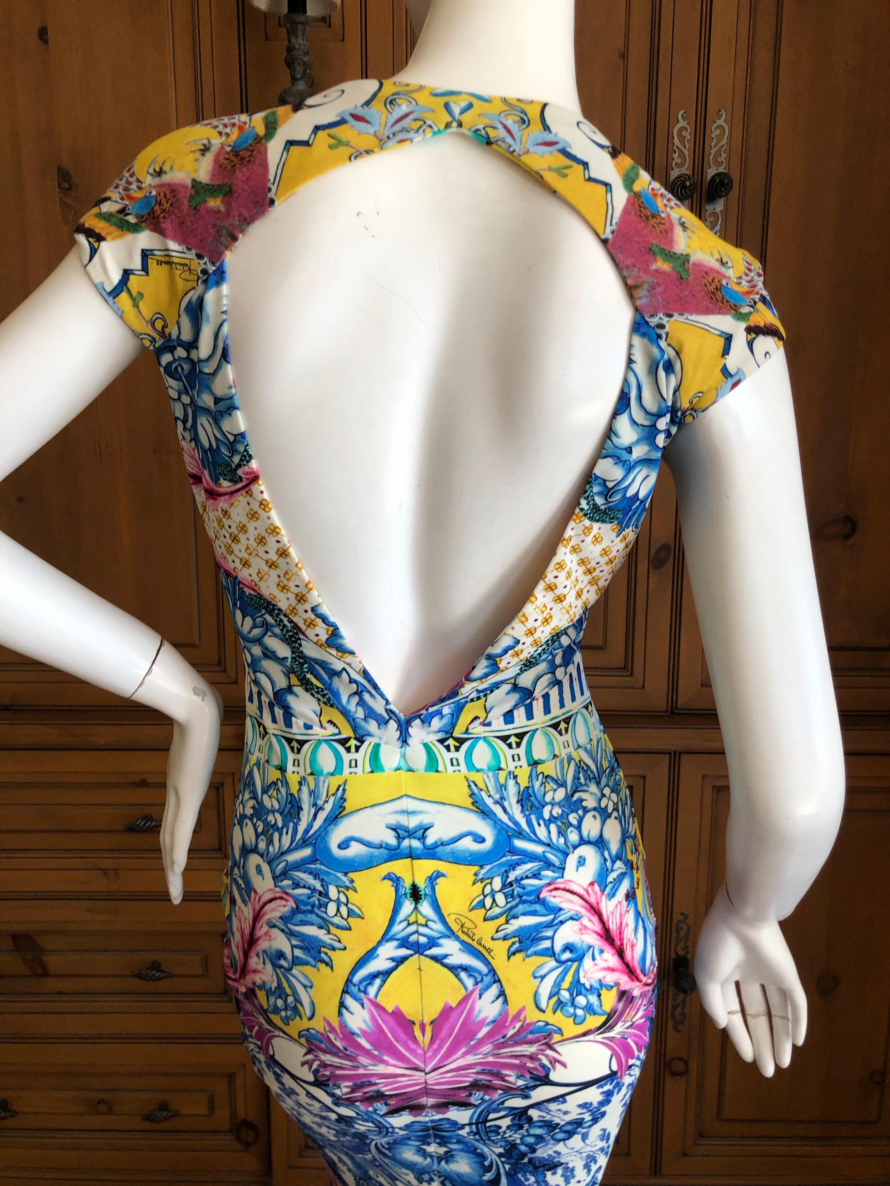 Roberto Cavalli China Pattern Print Body Hugging Maxi Dress with Keyhole Back For Sale 1