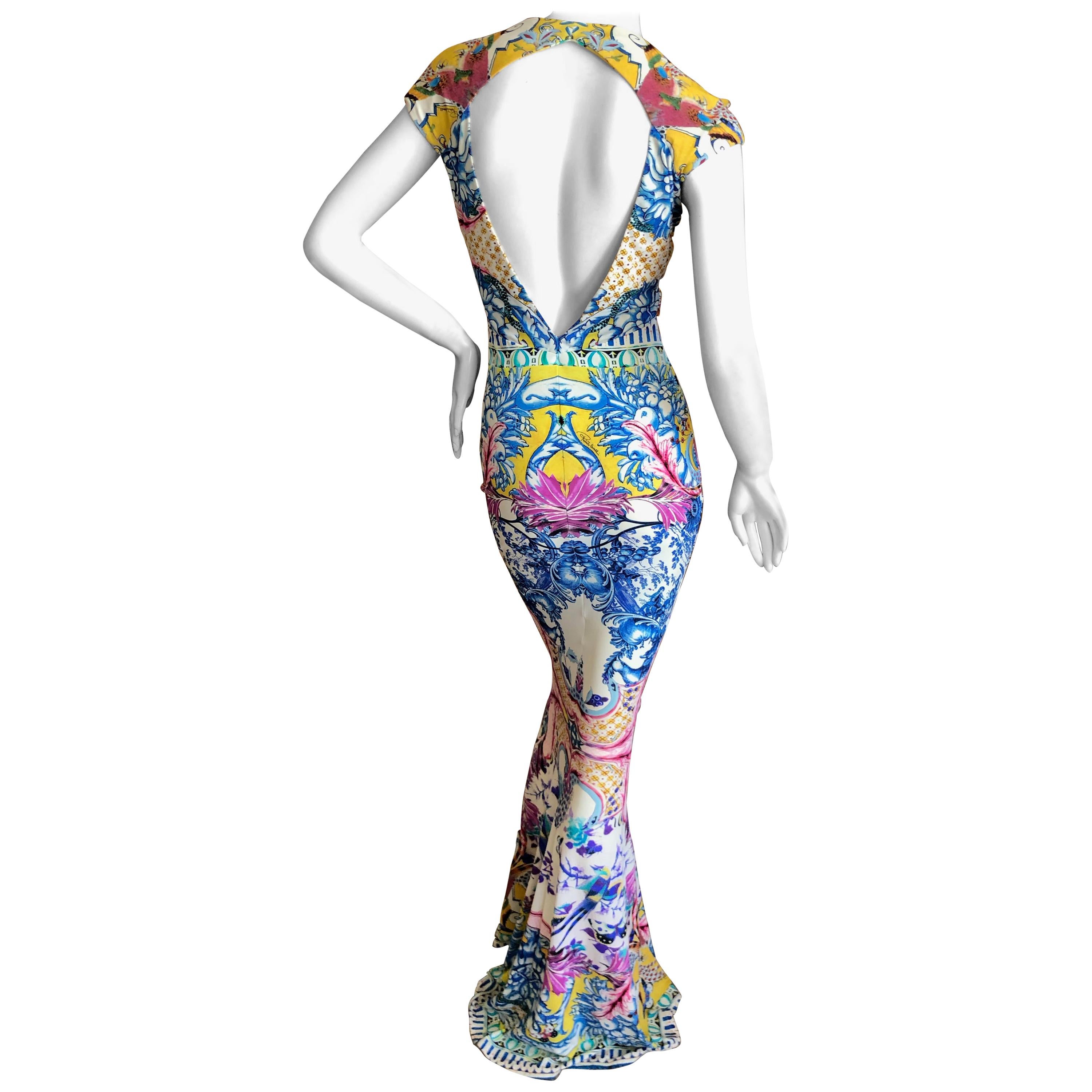 Roberto Cavalli China Pattern Print Body Hugging Maxi Dress with Keyhole Back For Sale