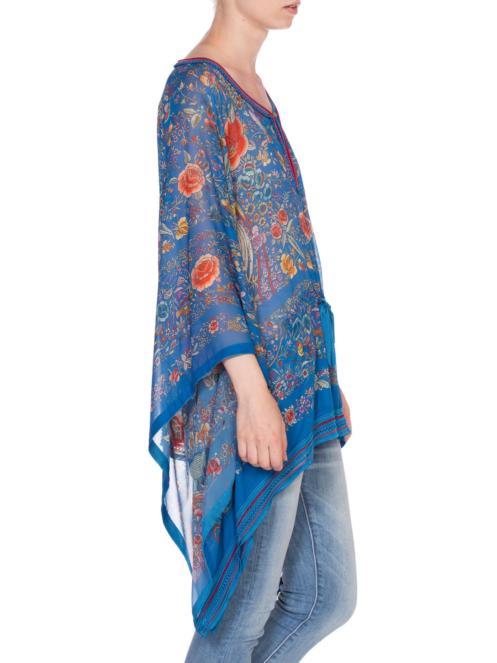 Blue Roberto Cavalli Chinese Embroidery Printed Silk Chiffon Kaftan Tunic Top
